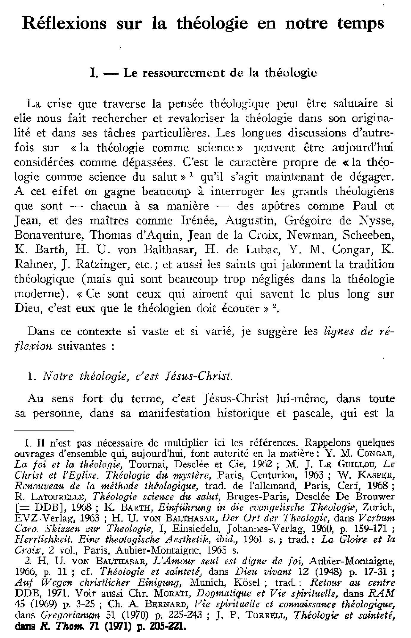 Réflexion sur la théologie en notre temps (à suivre)