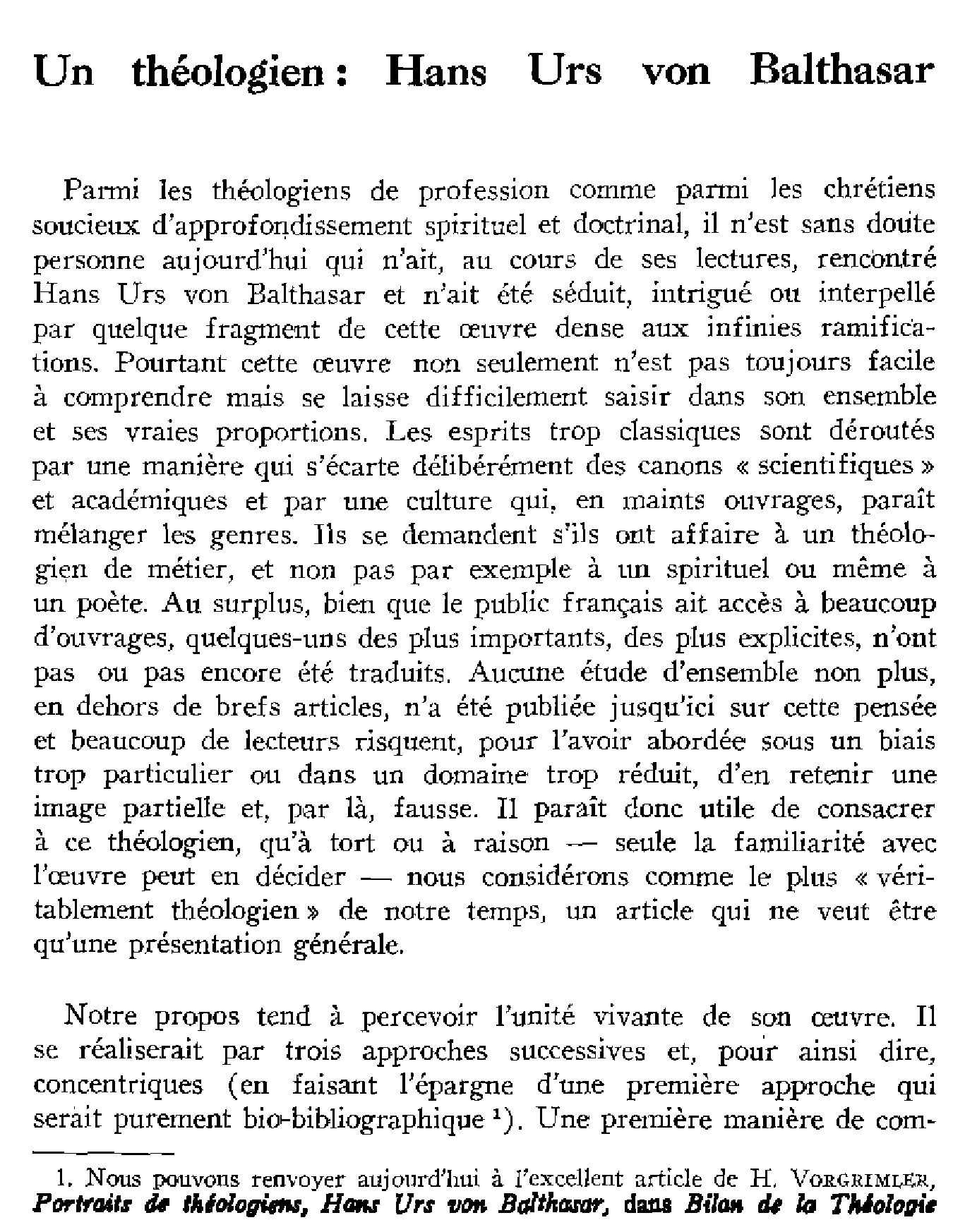 Un théologien: Hans Urs von Balthasar
