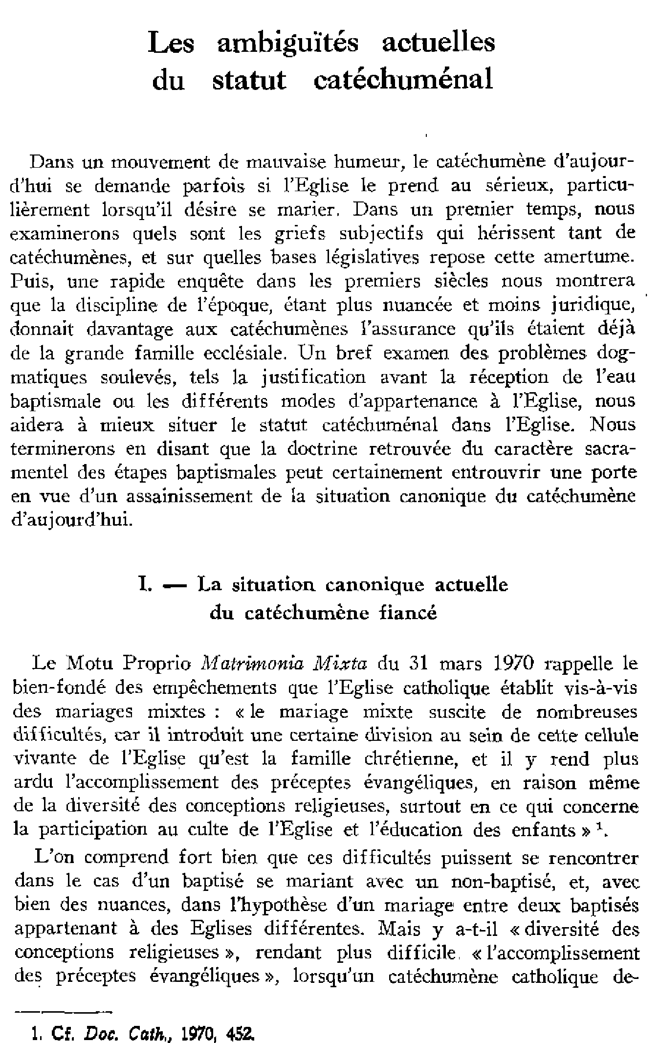 Les ambiguïtés actuelles du statut catéchuménal (à suivre)