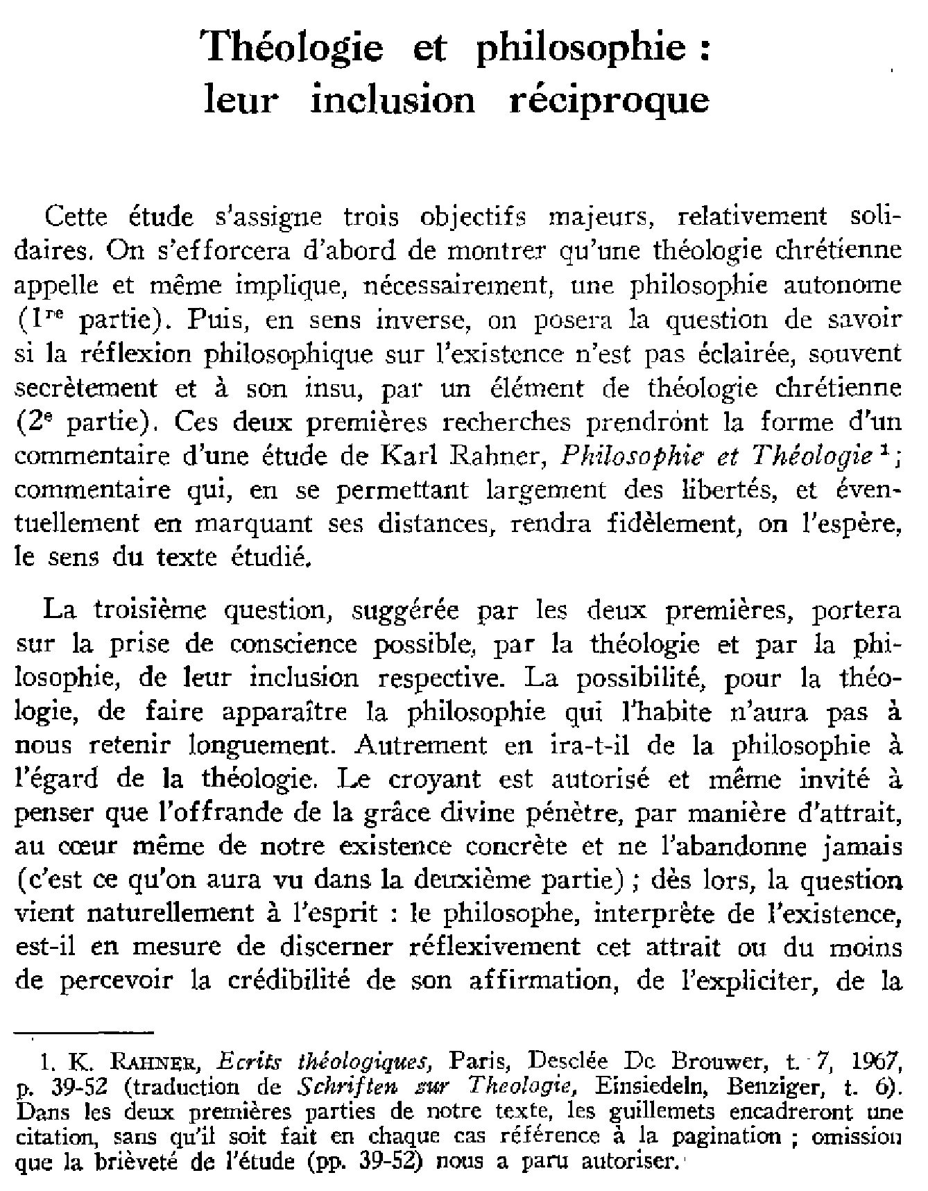 Théologie et philosophie: leur inclusion réciproque