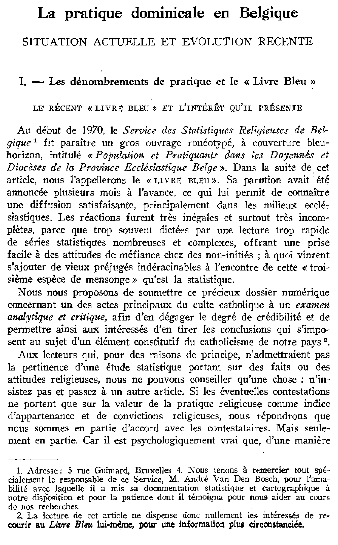 La pratique dominicale en Belgique