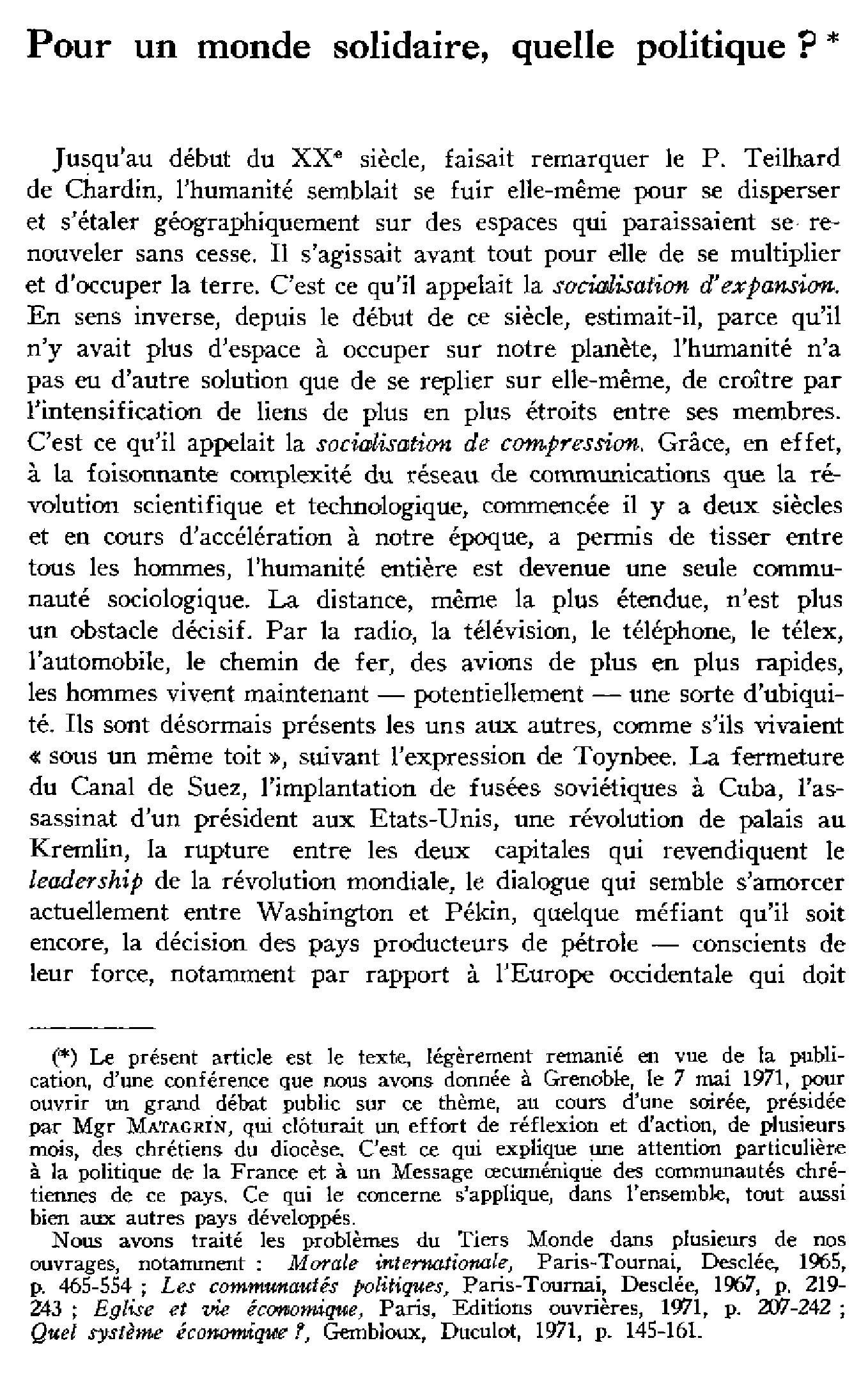 Pour un monde solidaire, quelle politique?