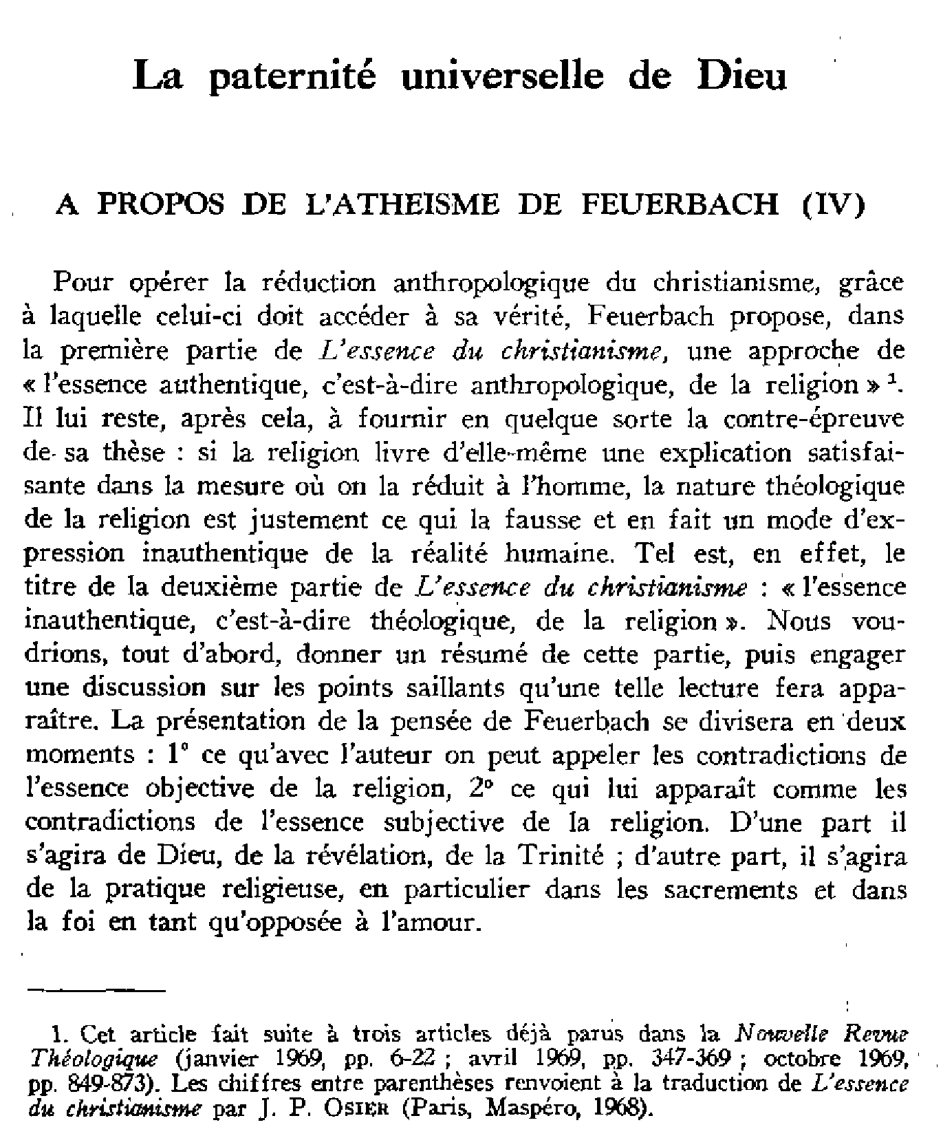 La paternité universelle de Dieu. À propos de l'athéisme de Feuerbach (IV)