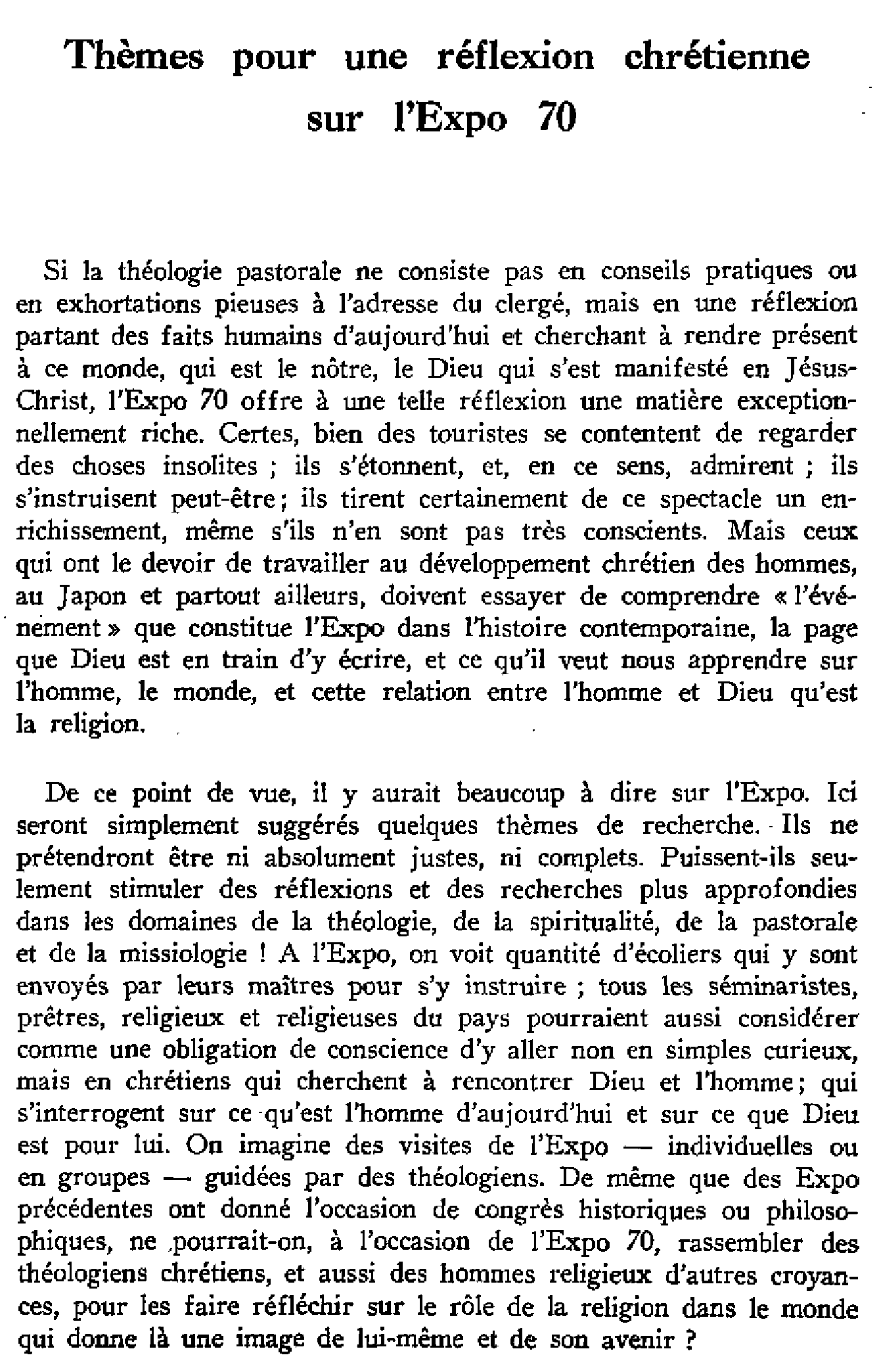 Thèmes pour une réflexion chrétienne sur l'Expo 70