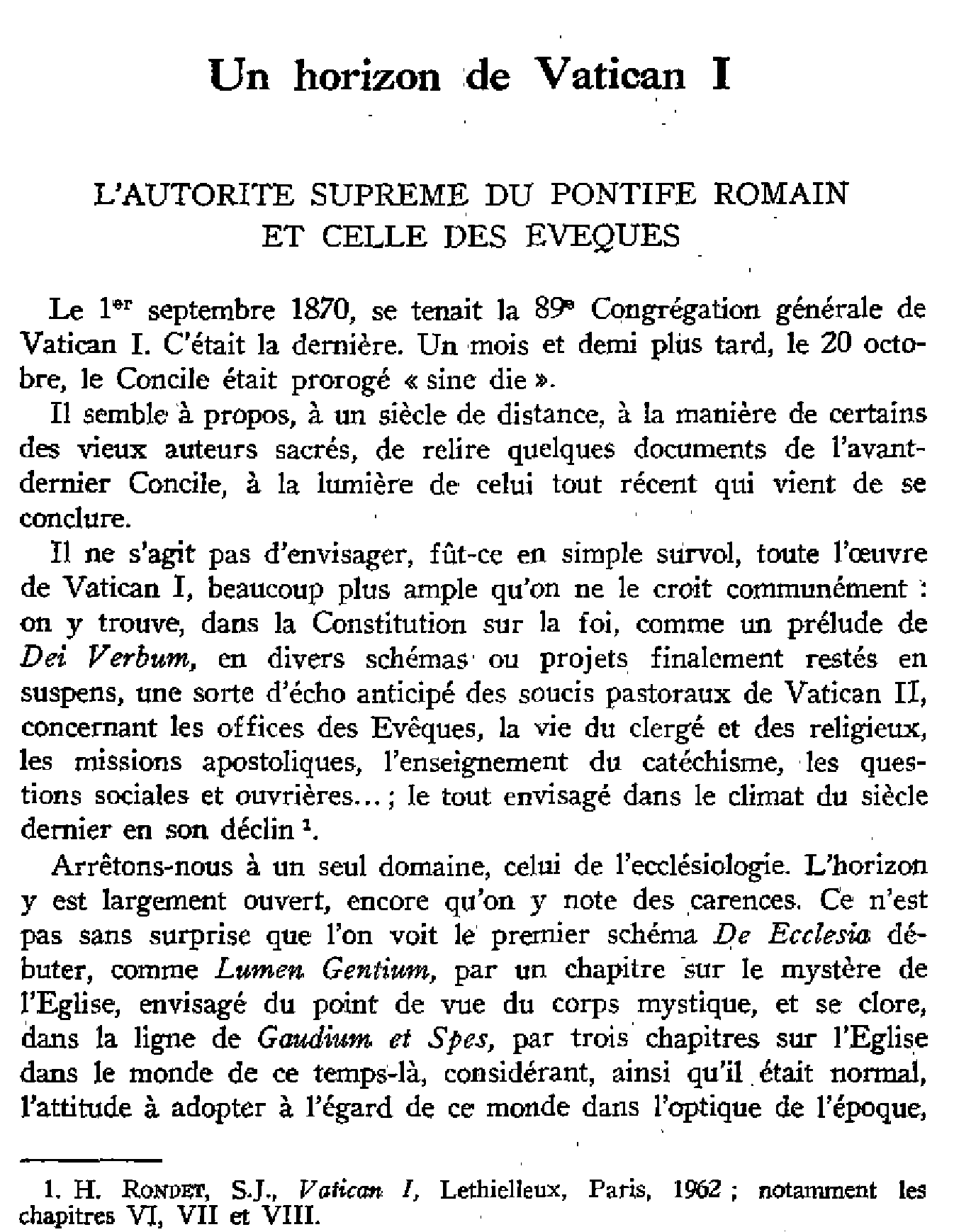 Un horizon de Vatican I. L'autorité suprême du pontife romain et celle des évêques