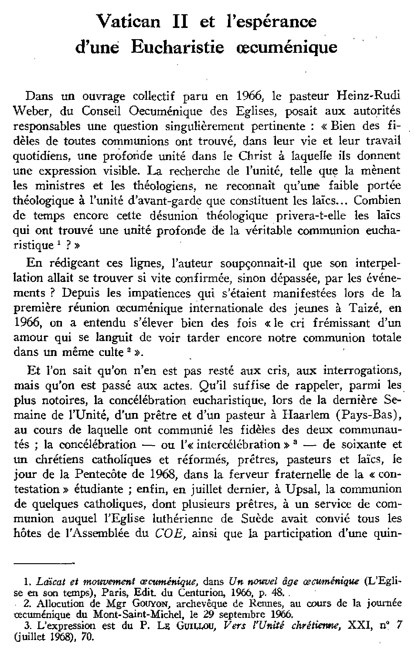 Vatican II et l'espérance d'une Eucharistie oecuménique