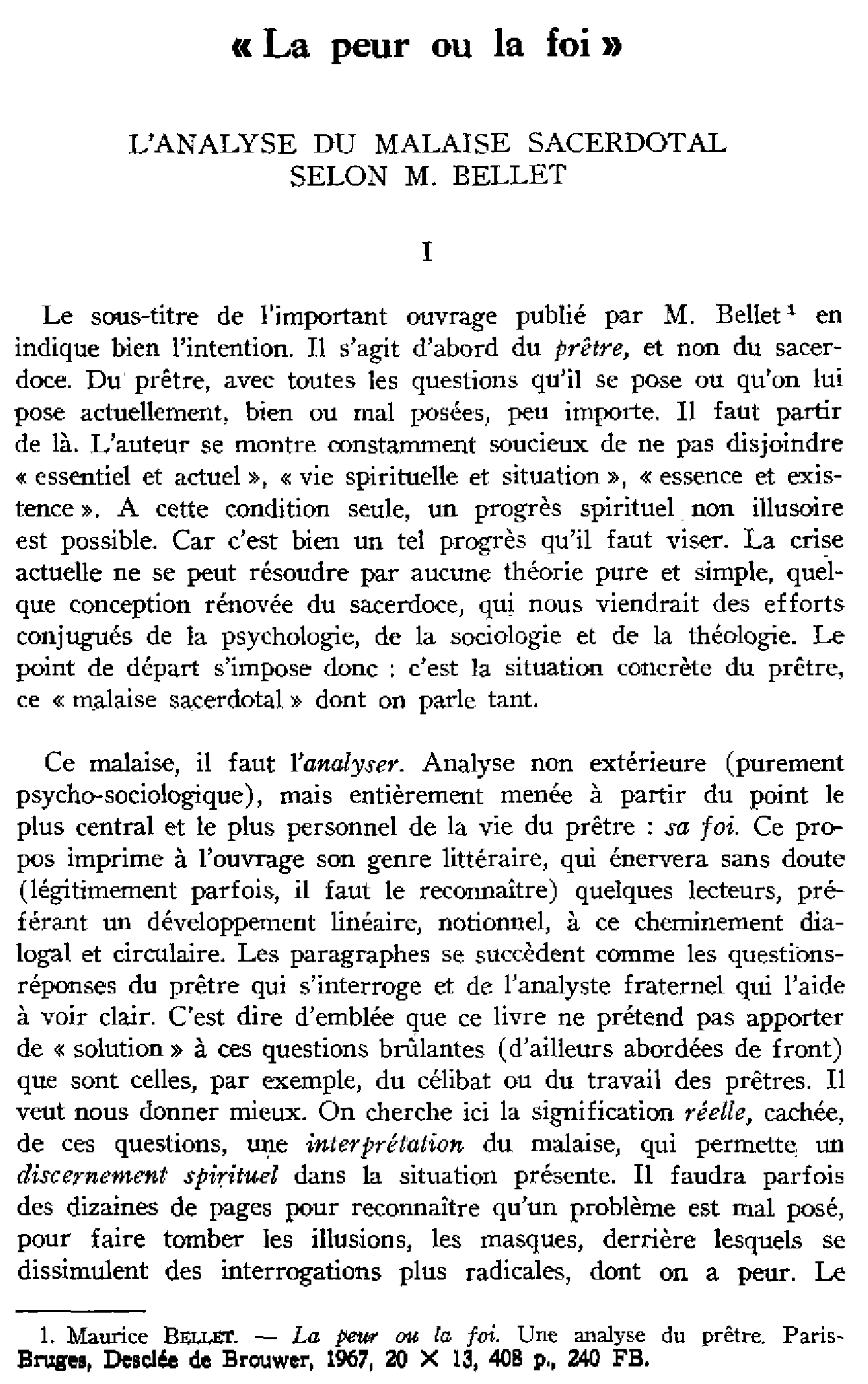 «La peur ou la foi». L'analyse du malaise sacerdotal selon M. Bellet