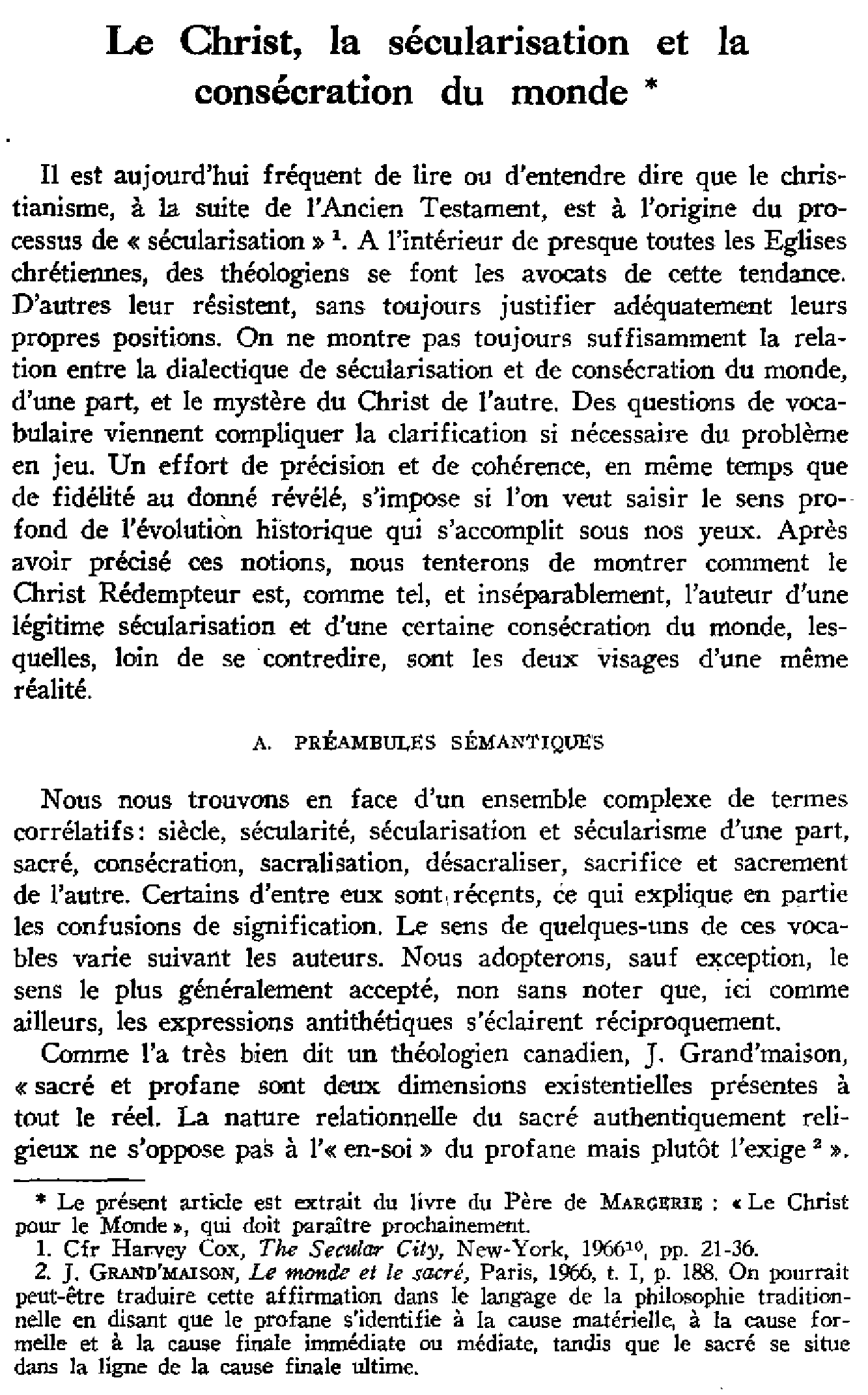 Le Christ, la sécularisation et la consécration du monde