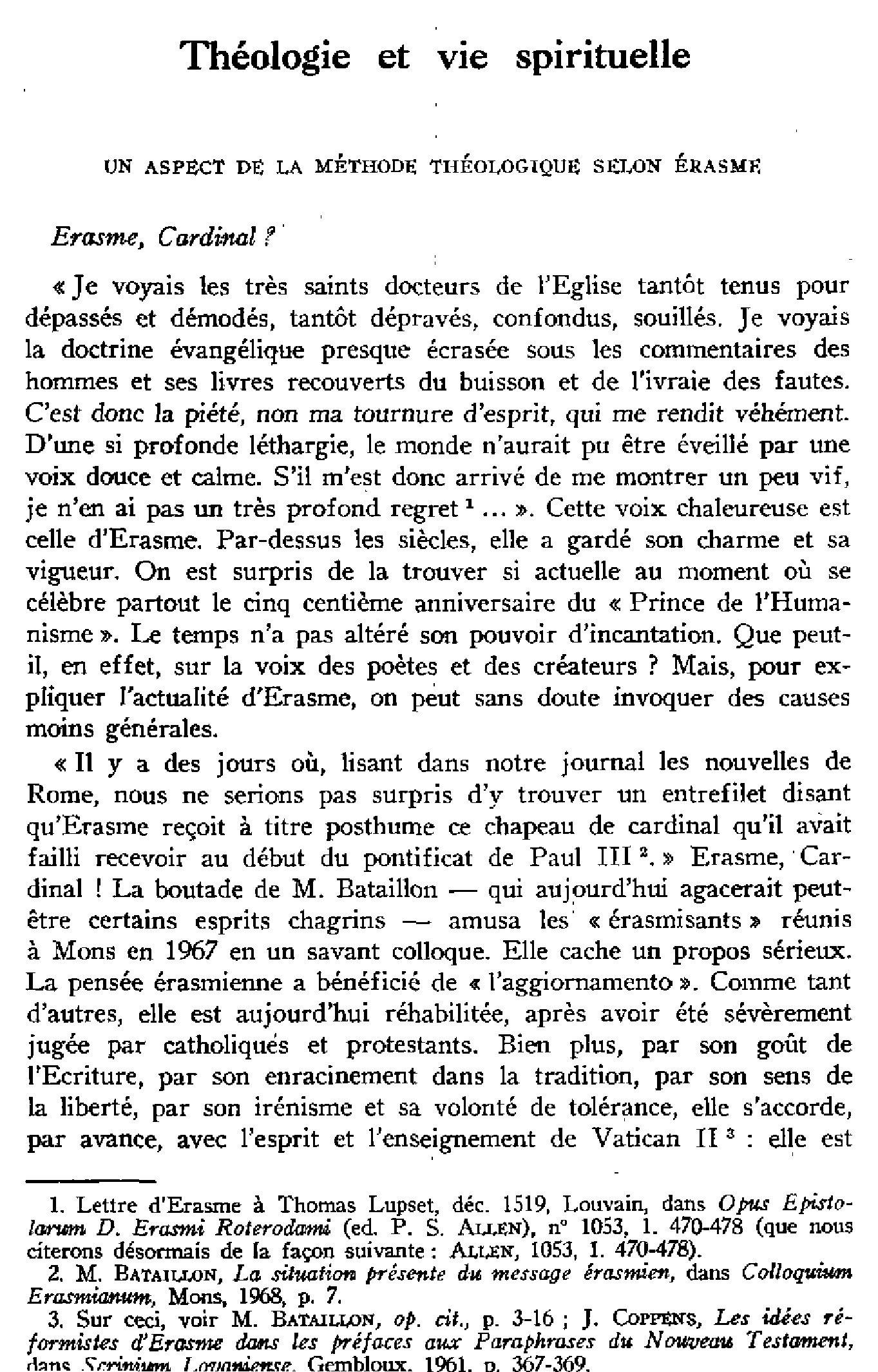 Théologie et vie spirituelle. Un aspect de la méthode théologique selon Érasme