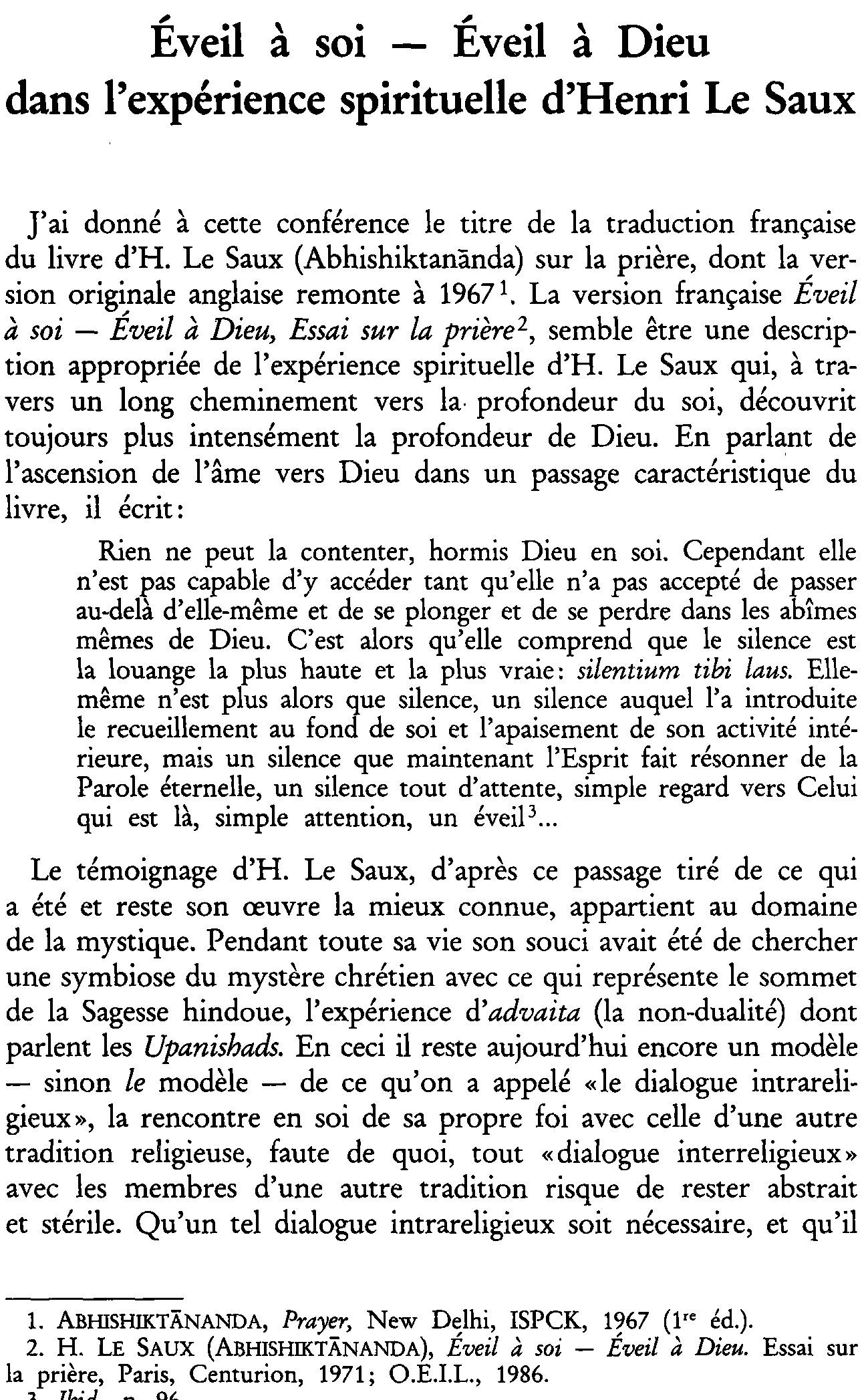 Éveil à  soi - Éveil à  Dieu dans l'expérience spirituelle d'Henri Le Saux