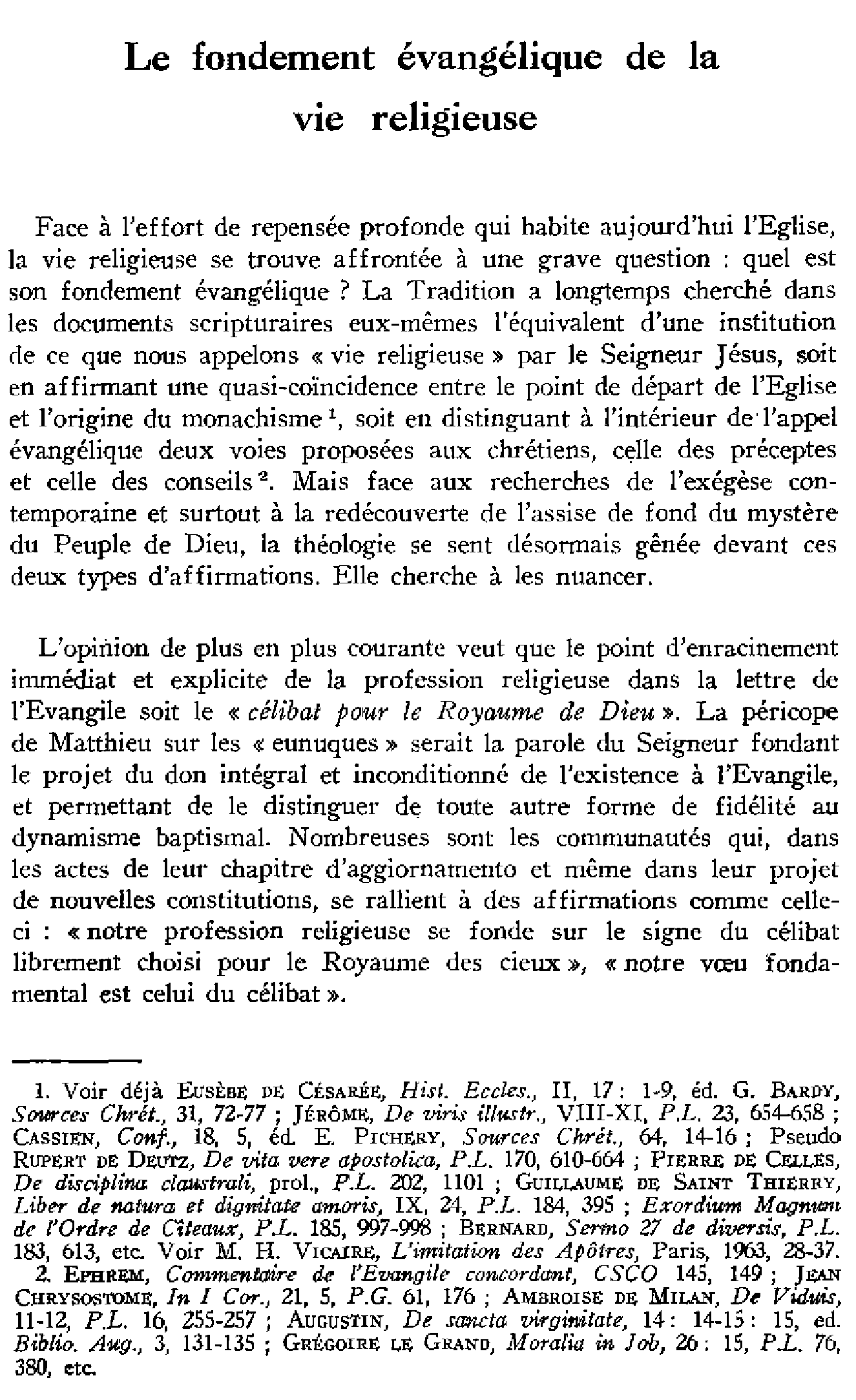 Le fondement évangélique de la vie religieuse