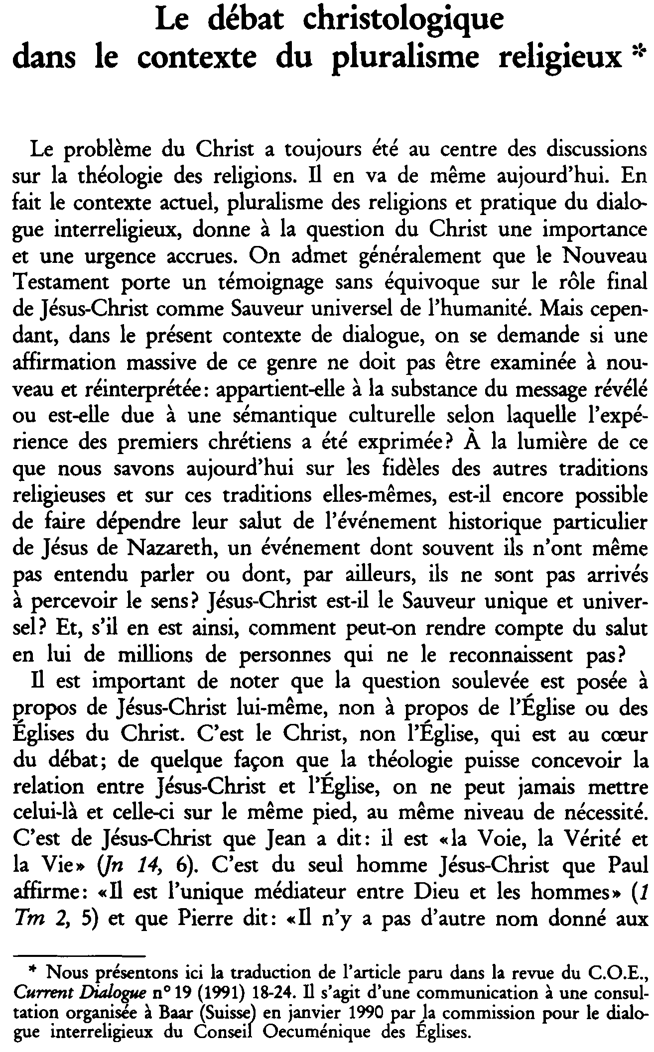 Le débat christologique dans le contexte du pluralisme religieux