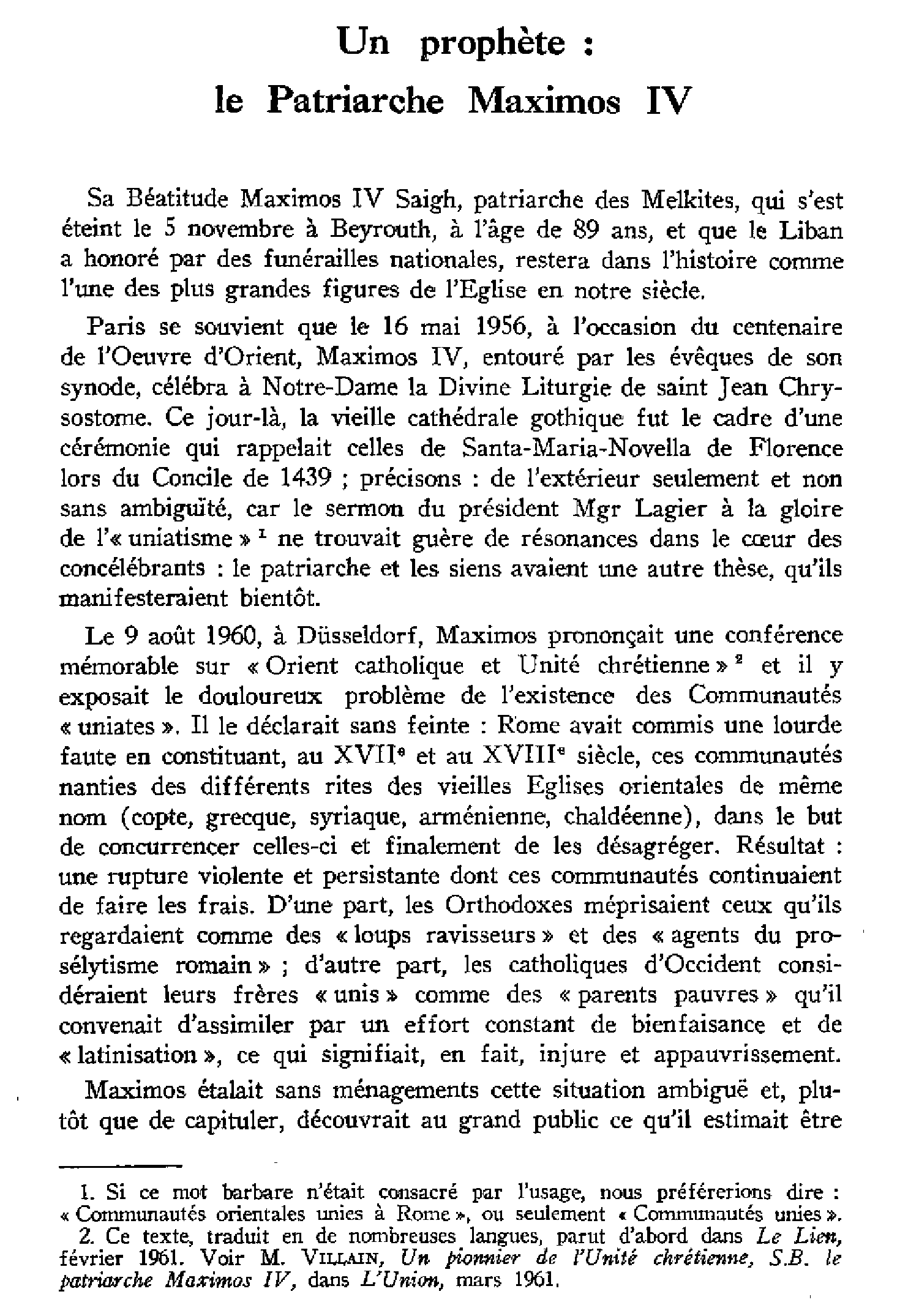 Un prophète: le Patriarche Maximos IV