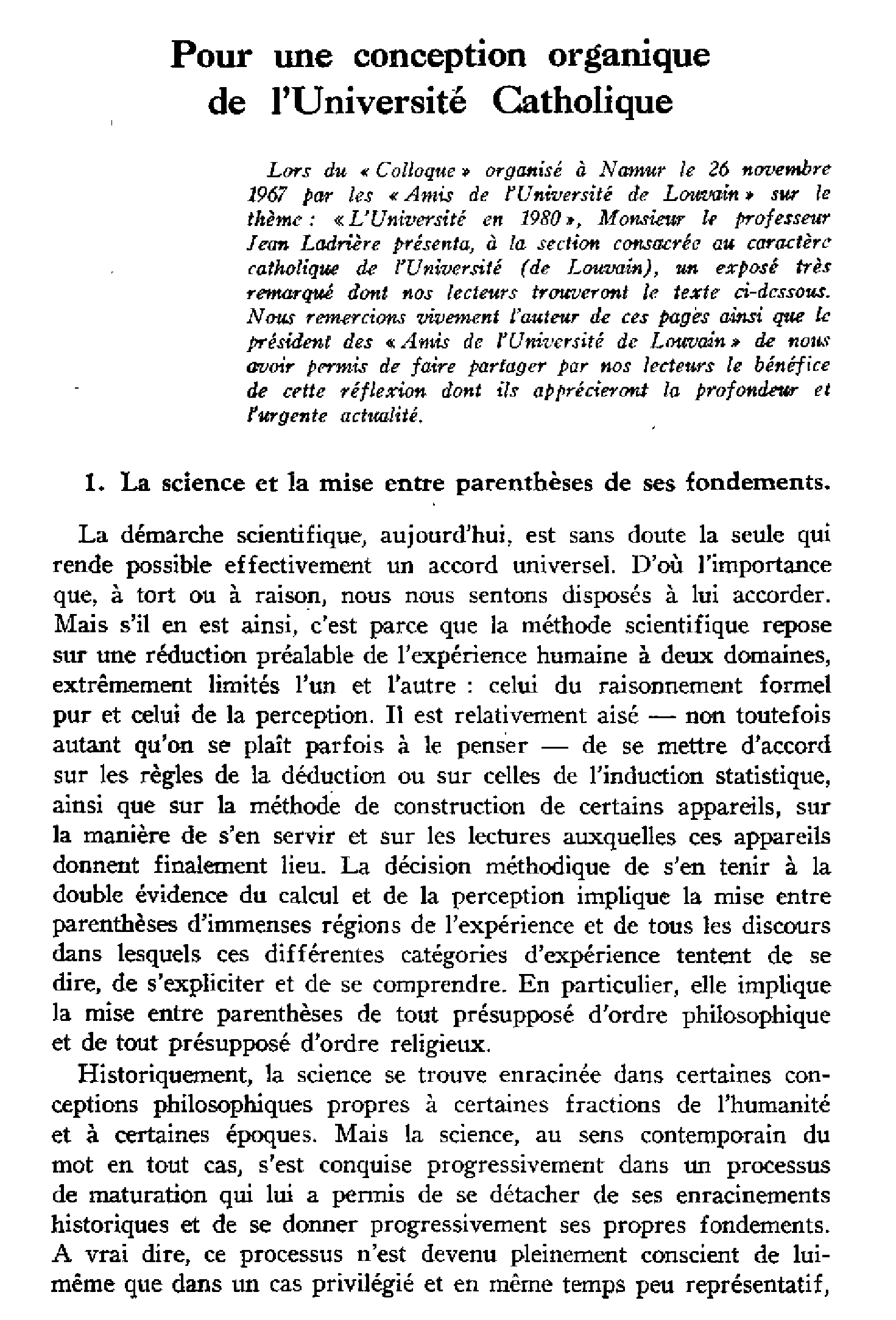 Pour une conception organique de l'Université Catholique
