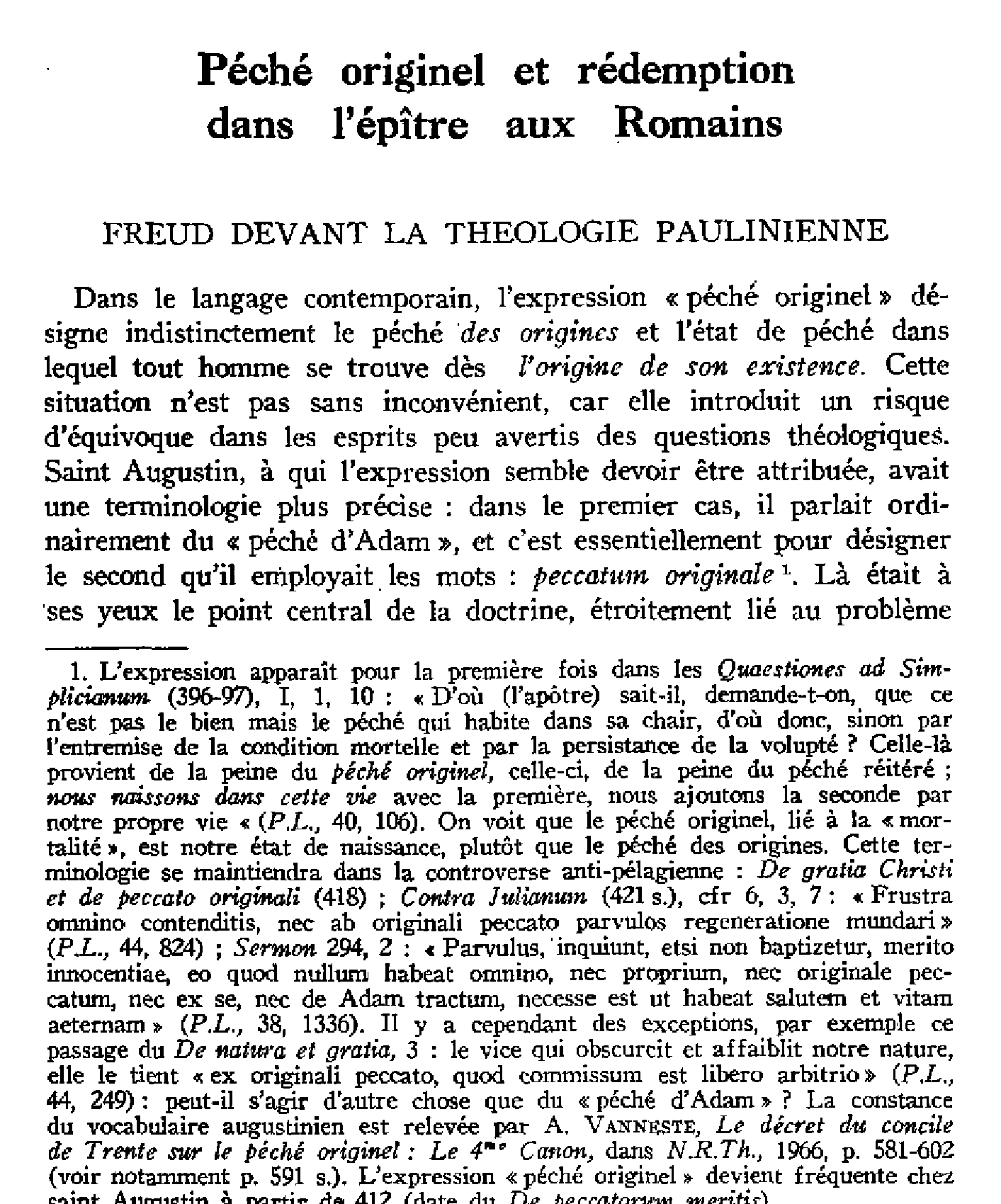 Péché originel et rédemption dans l'épître aux Romains. Freud devant la théologie paulinienne (I)