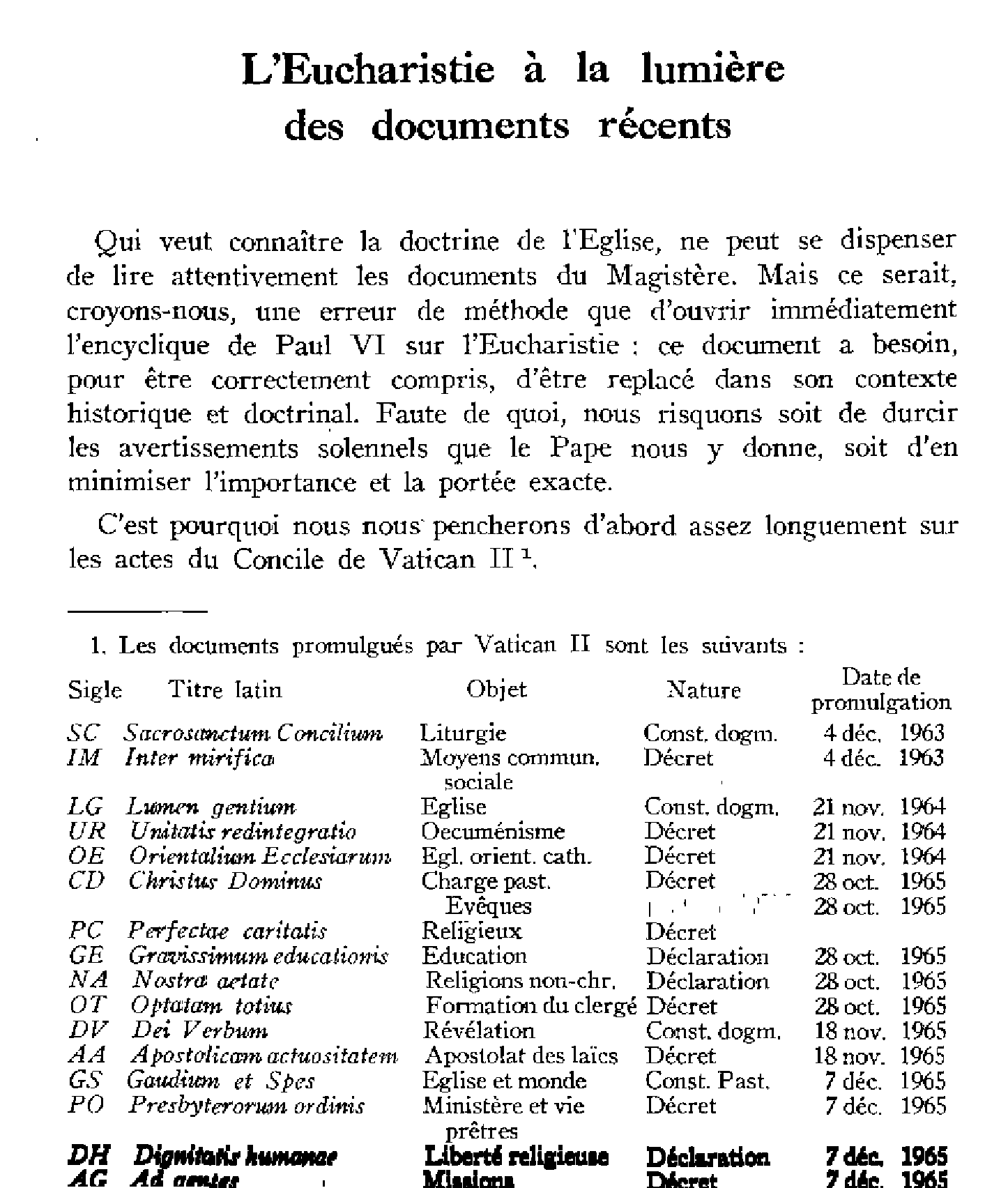 L'Eucharistie à la lumière des documents récents