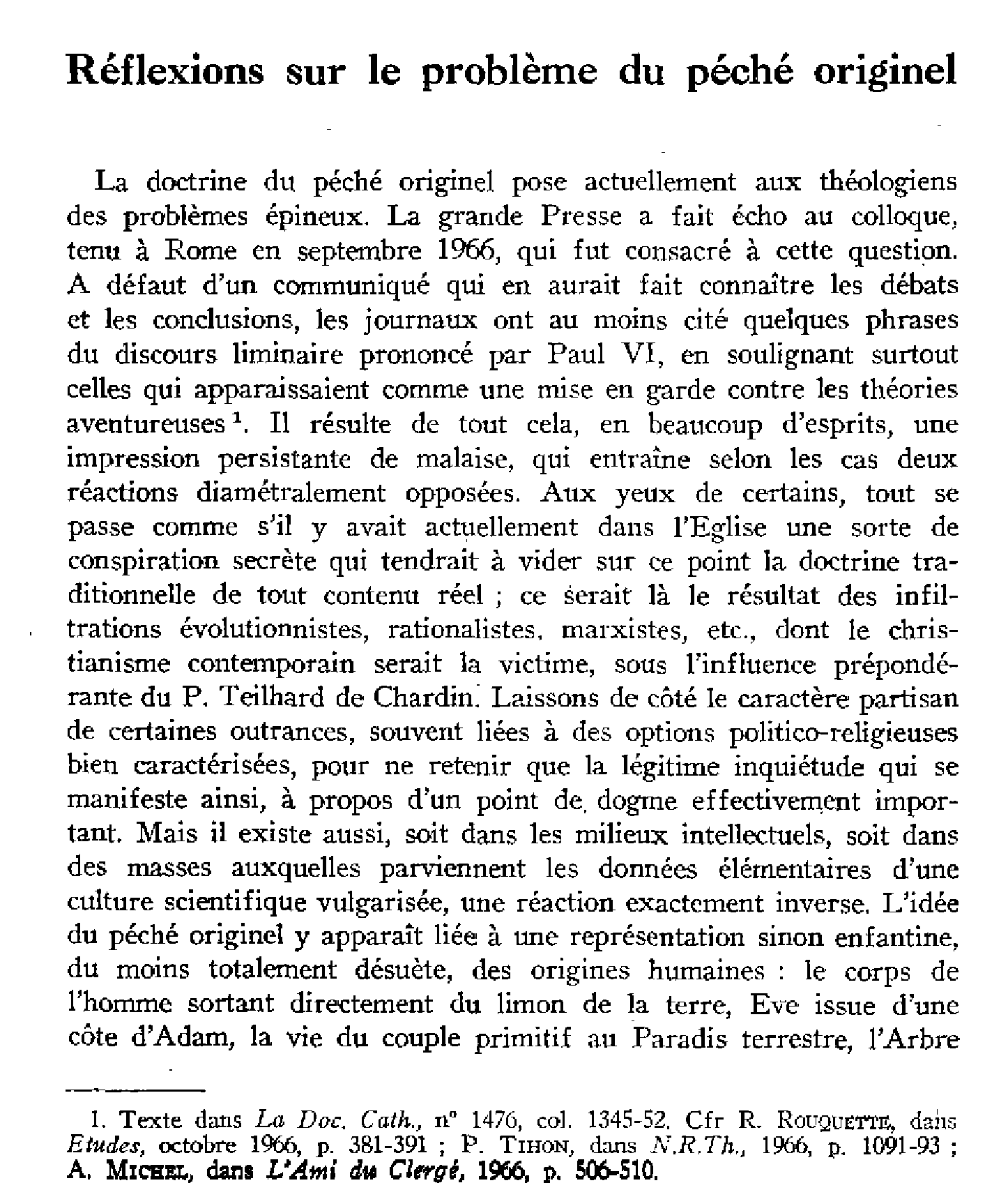 Réflexion sur le problème du péché originel (à suivre)