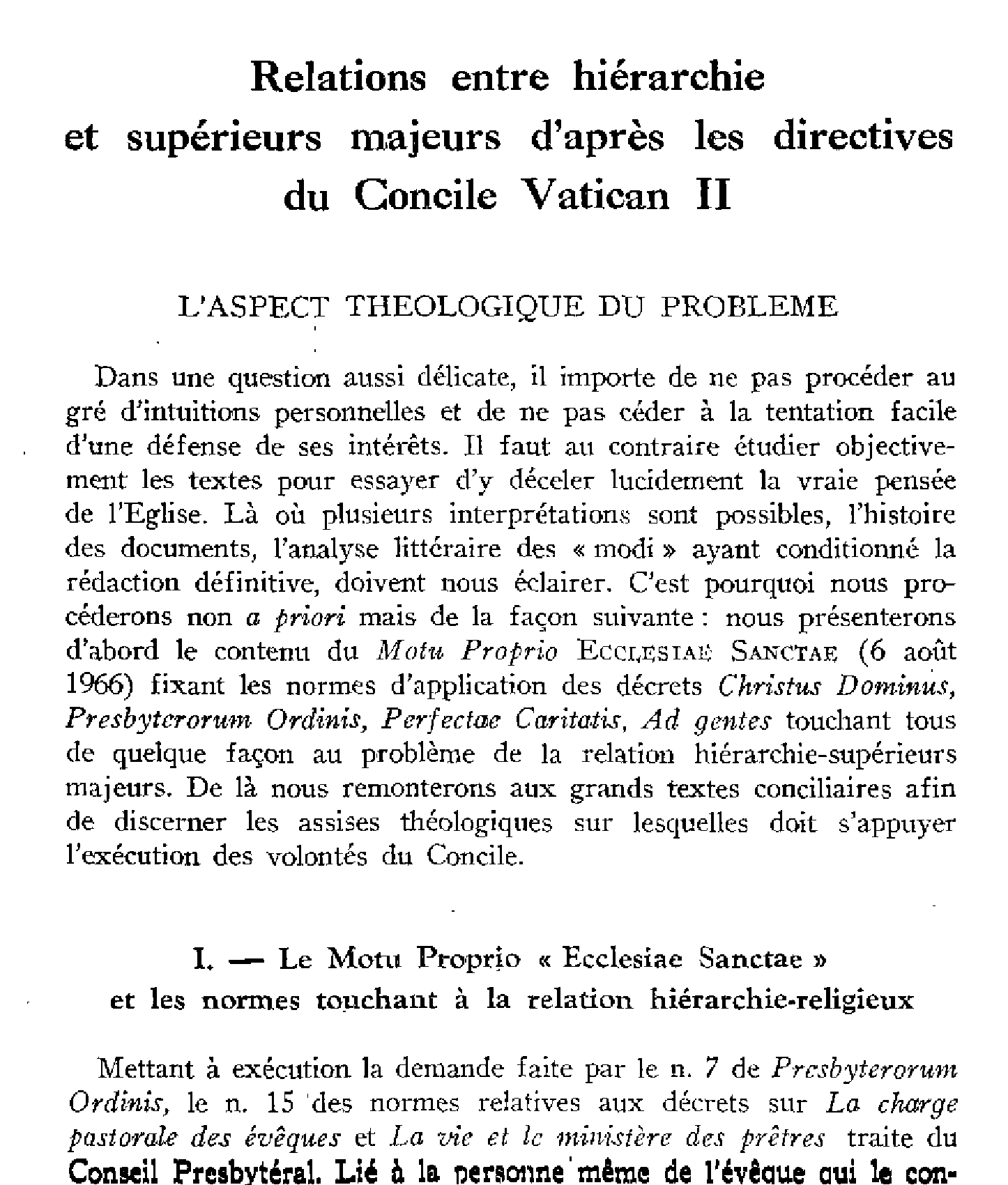 Relations entre hiérarchie et supérieurs majeurs d'après les directives du Concile Vatican II