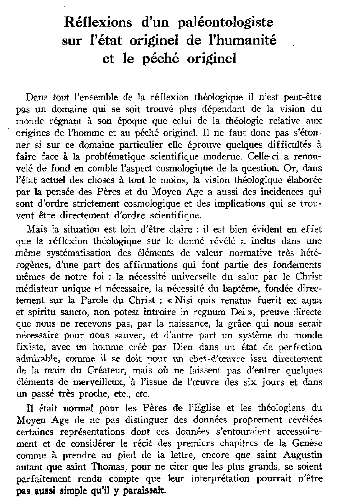 Réflexion d'un paléontologiste sur l'état originel de l'humanité et le péché originel