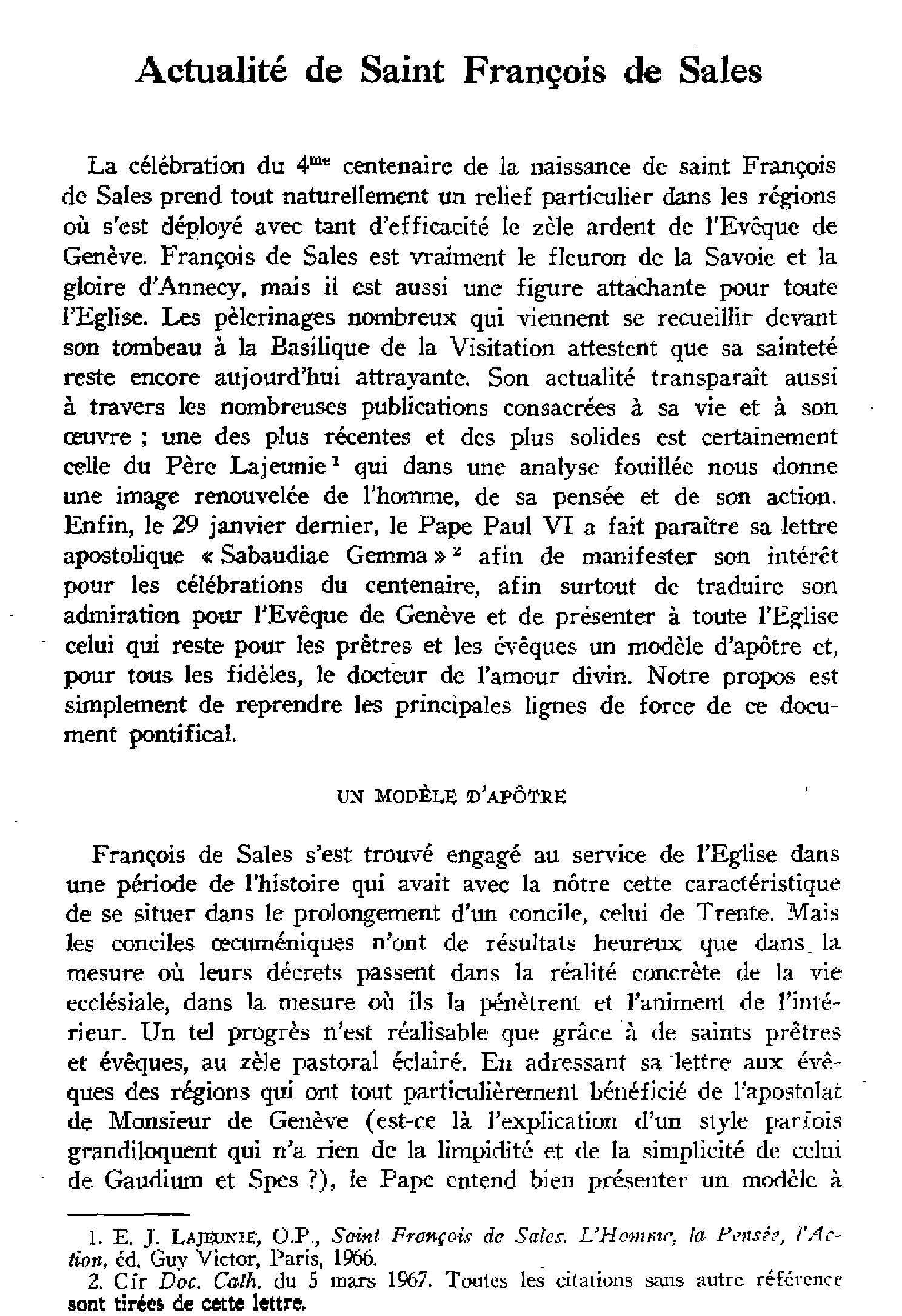Actualité de saint François de Sales