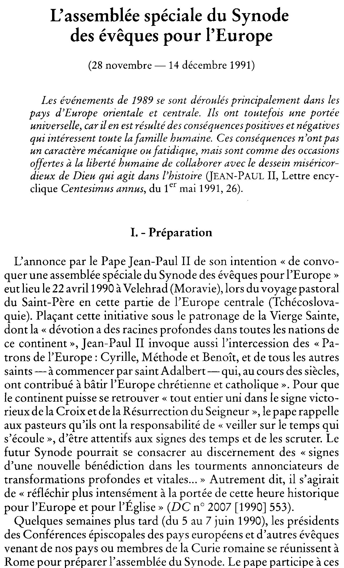 L'assemblée spéciale du Synode des évêques pour l'Europe (28 novembre - 14 décembre 1991)