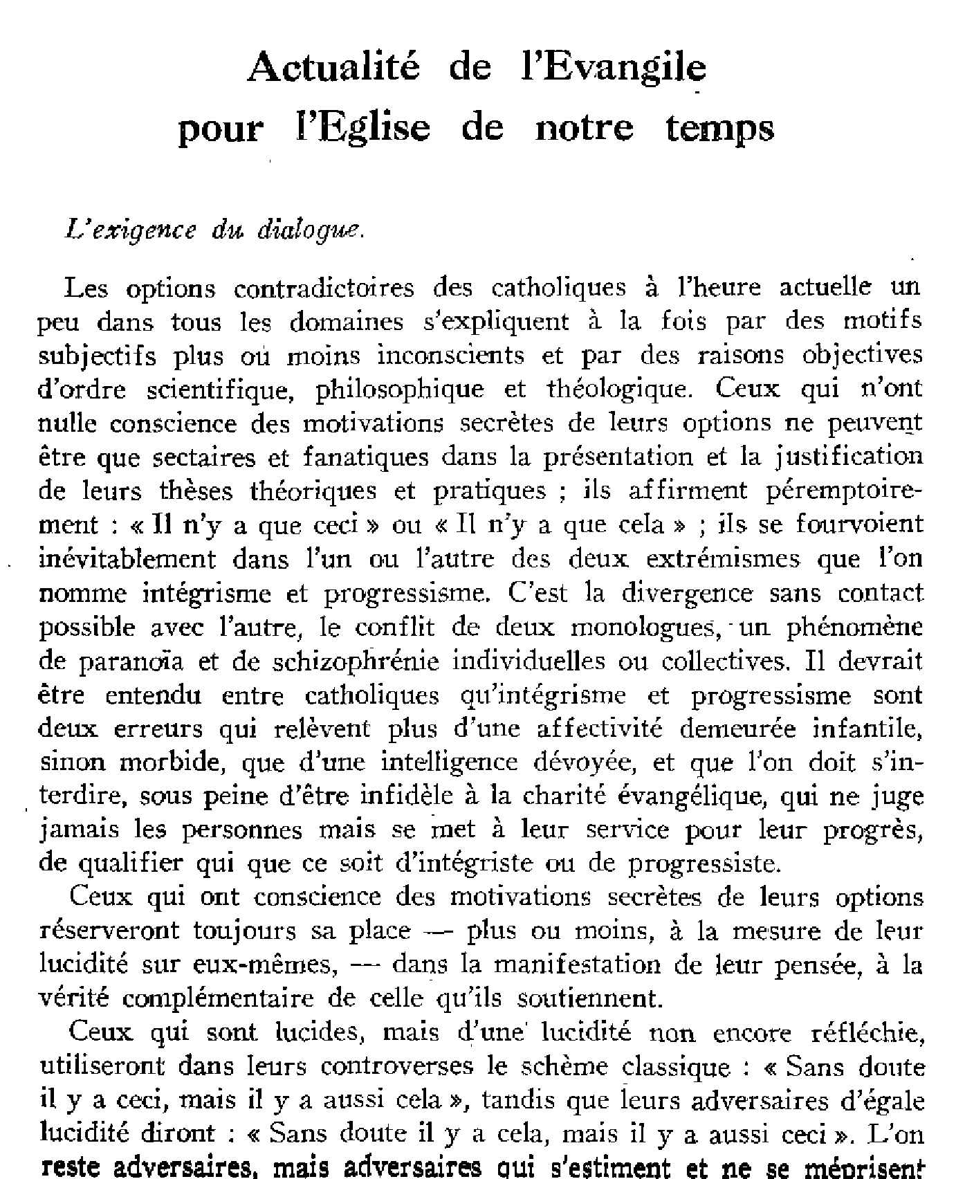 Actualité de l'Évangile pour l'Église de notre temps