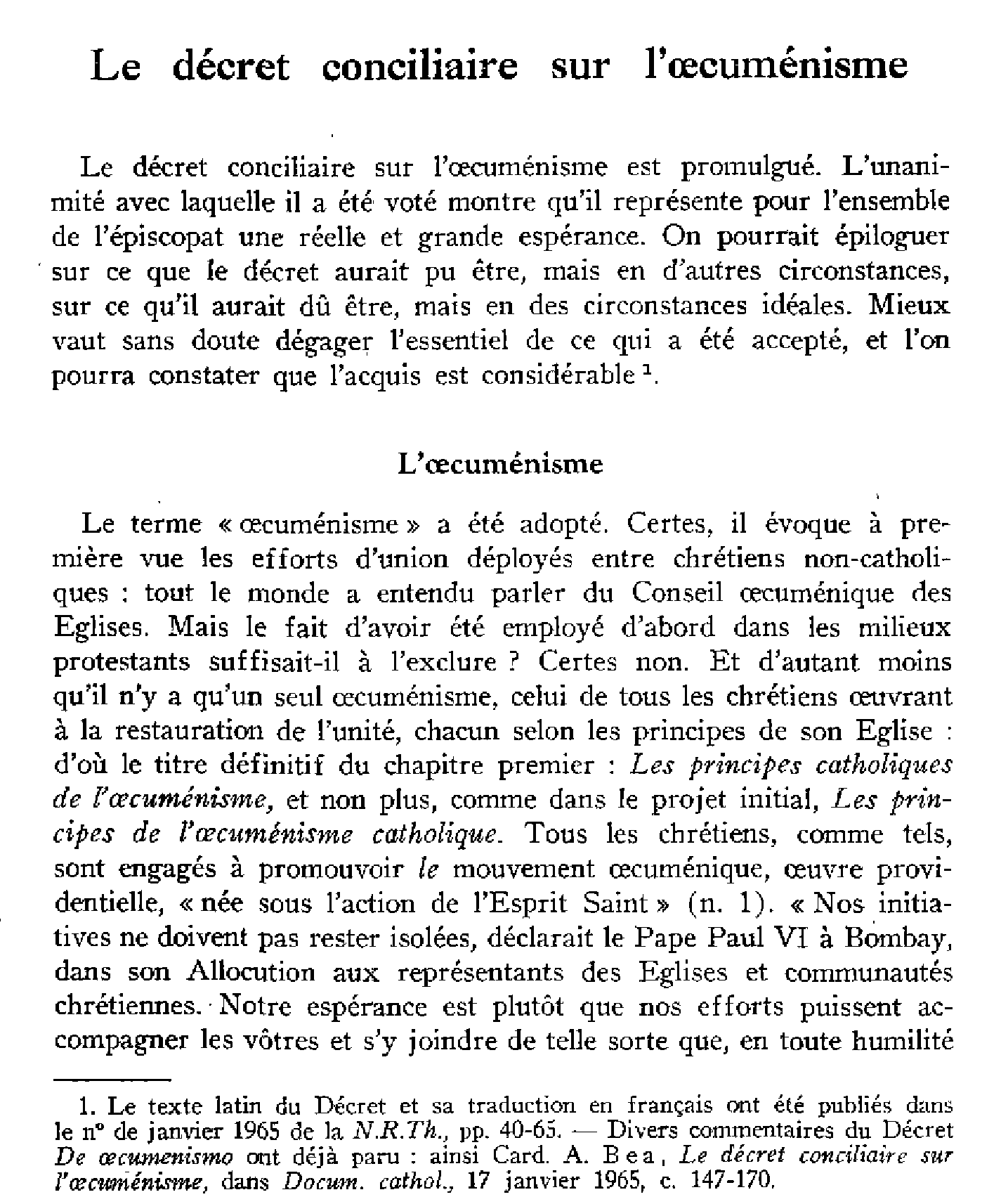 Le décret conciliaire sur l'oecuménisme