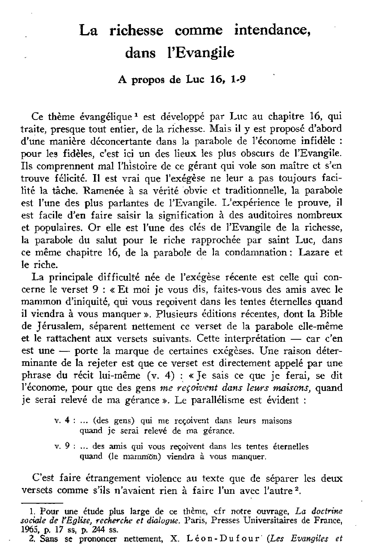 La richesse comme intendance, dans l'Évangile. À propos de Luc 16,1-9
