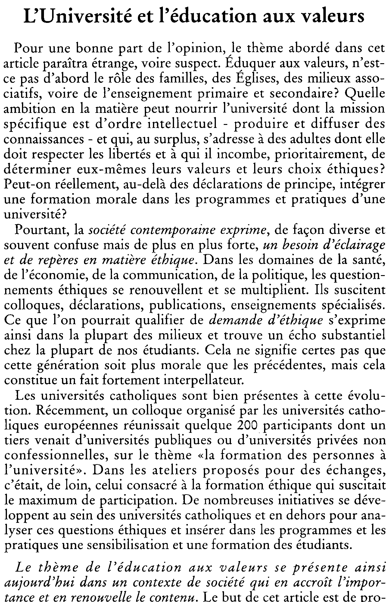 L'Université et l'éducation aux valeurs