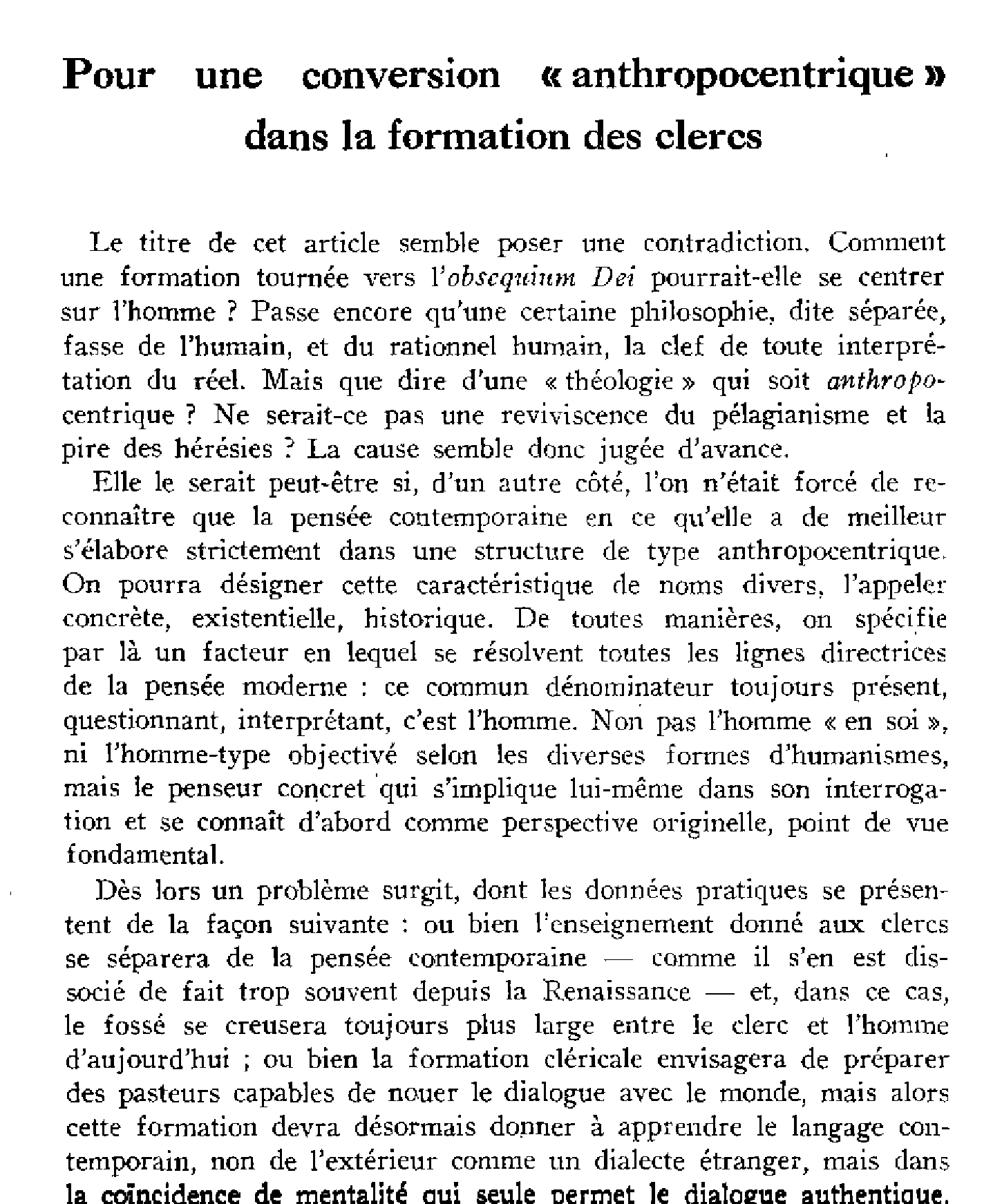 Pour une conversion «anthropocentrique» dans la formation des clercs