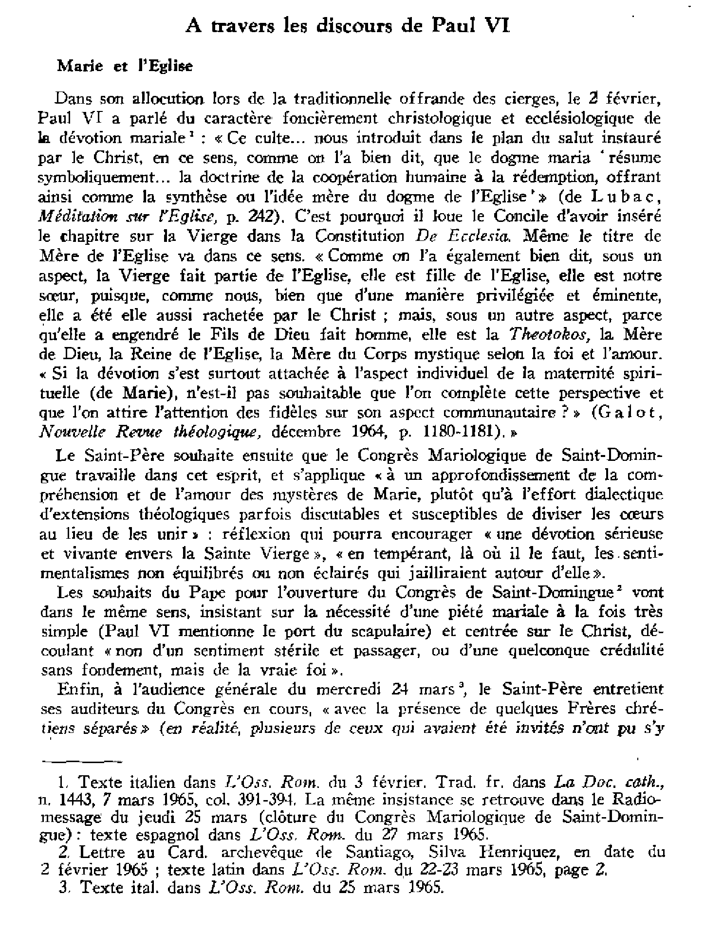À travers les discours de Paul VI