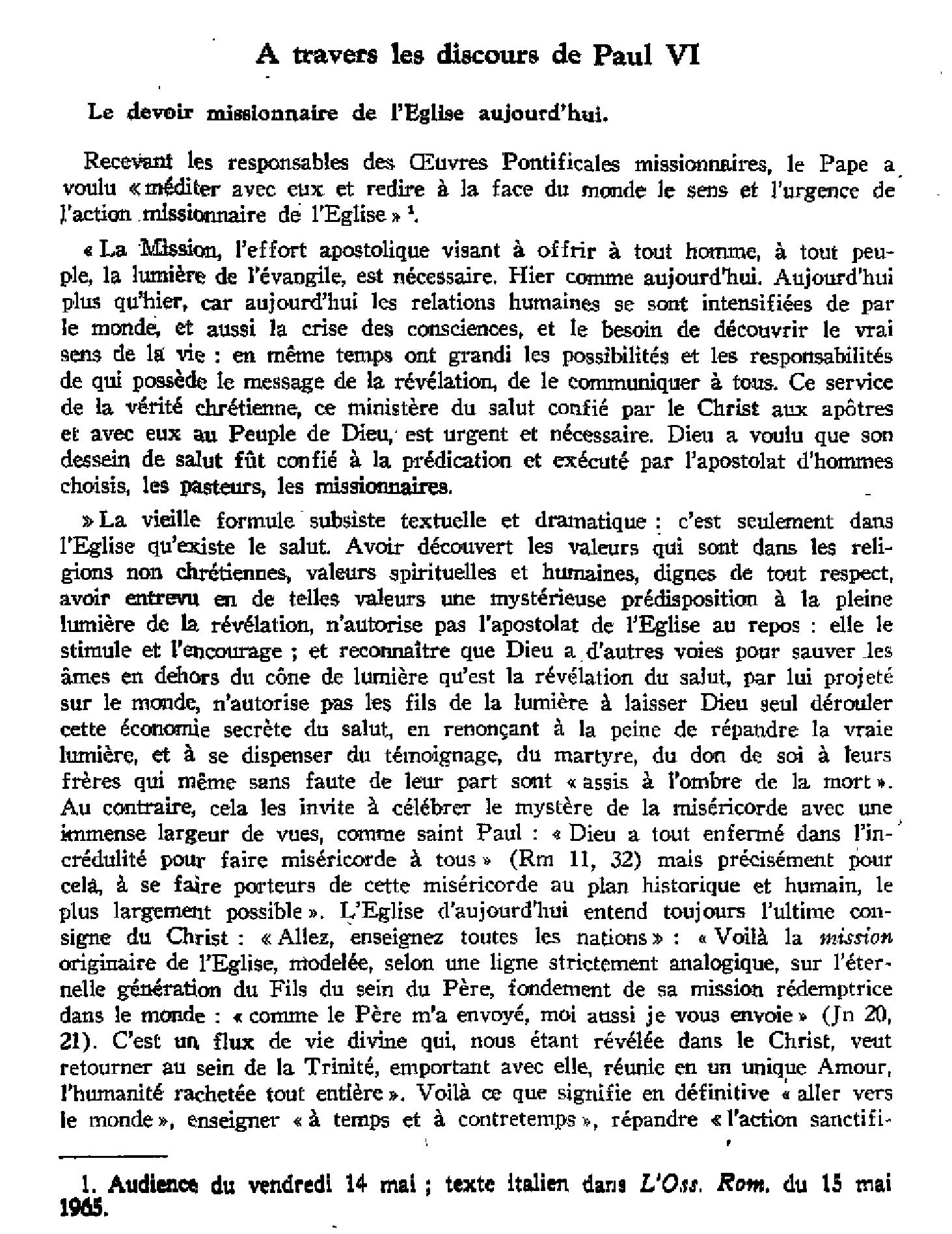 À travers les discours de Paul VI