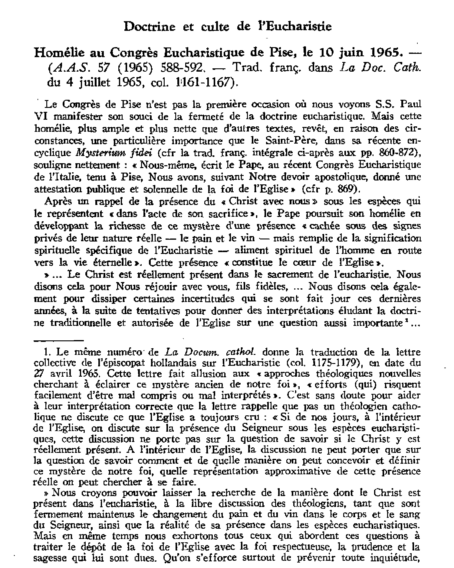 Homélie au Congrès eucharistique de Pise (10 juin 1965)