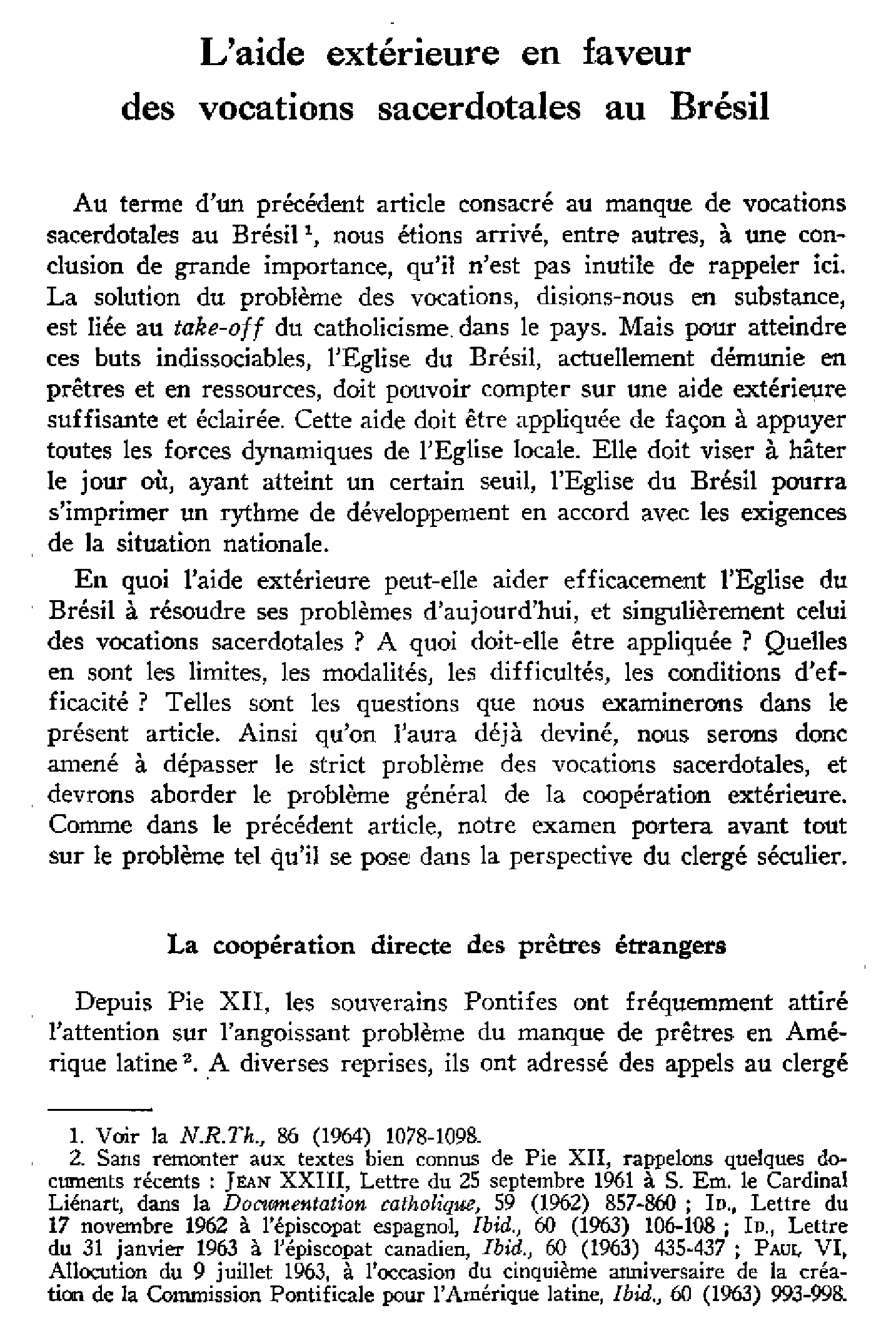 L'aide extérieure en faveur des vocations sacerdotales au Brésil