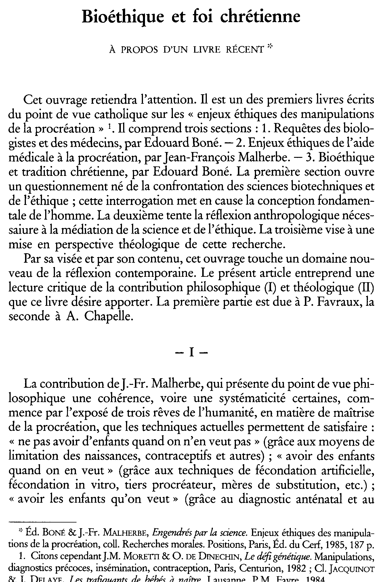 Bioéthique et foi chrétienne. À propos d'un livre récent