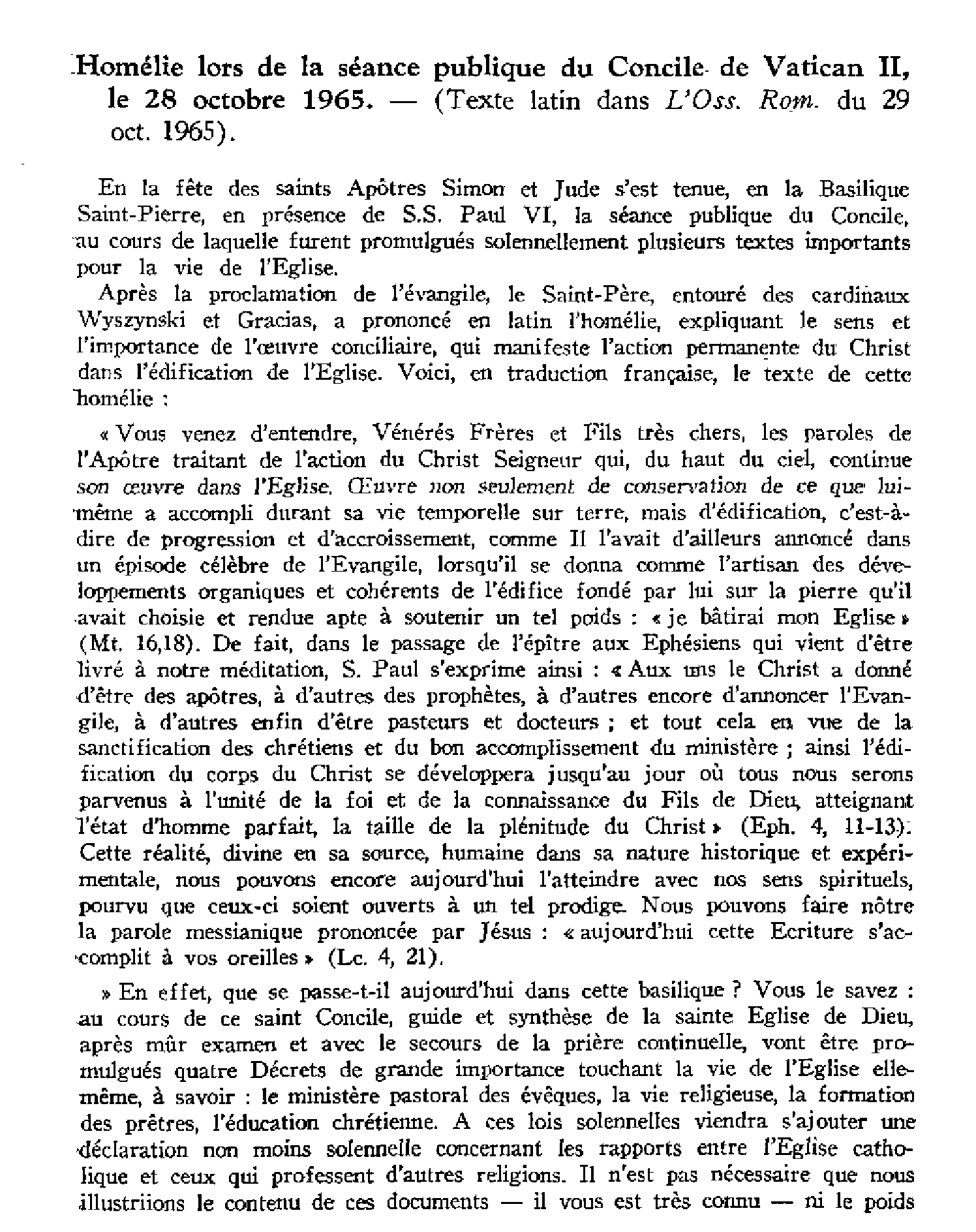 Exhortation apostolique Postrema sessio (4 nov. 1965) demandant un triduum de prières pour la fin du Concile