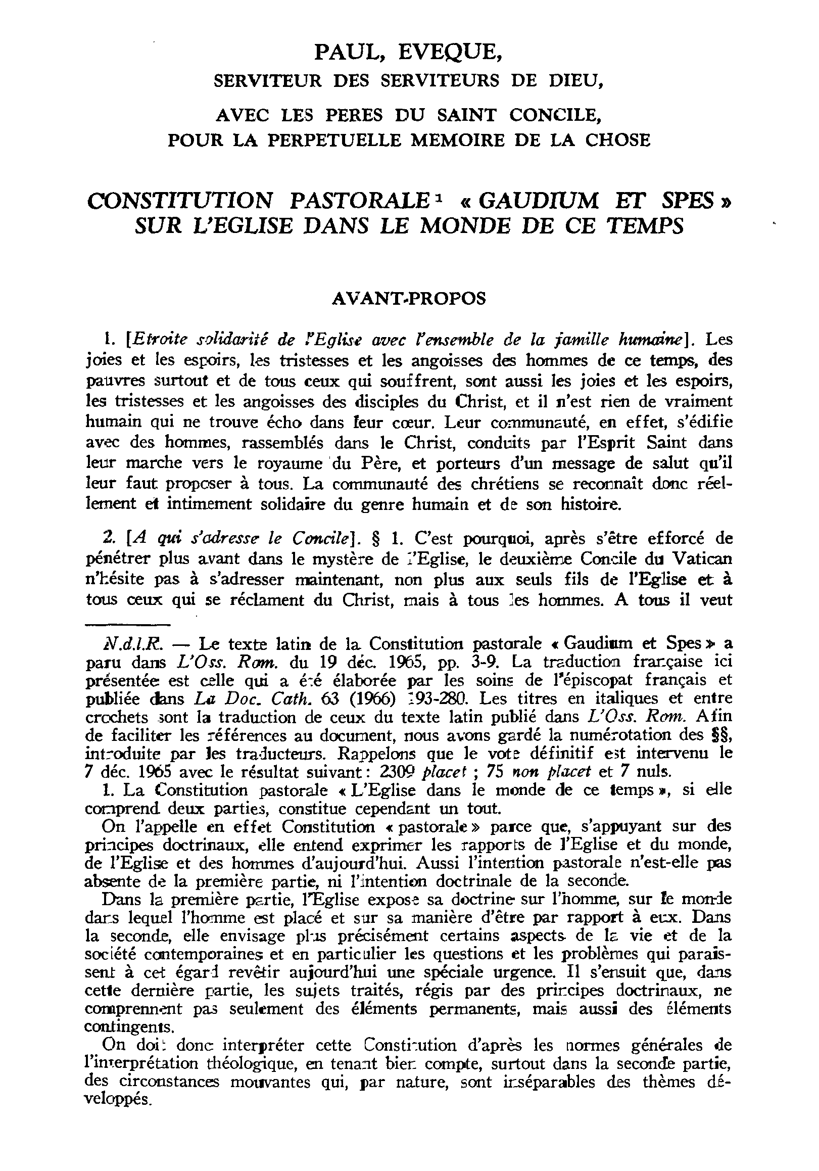 Constitution pastorale Gaudium et spes sur l'Église dans le monde de ce temps. Traduction française (chap. I à V)
