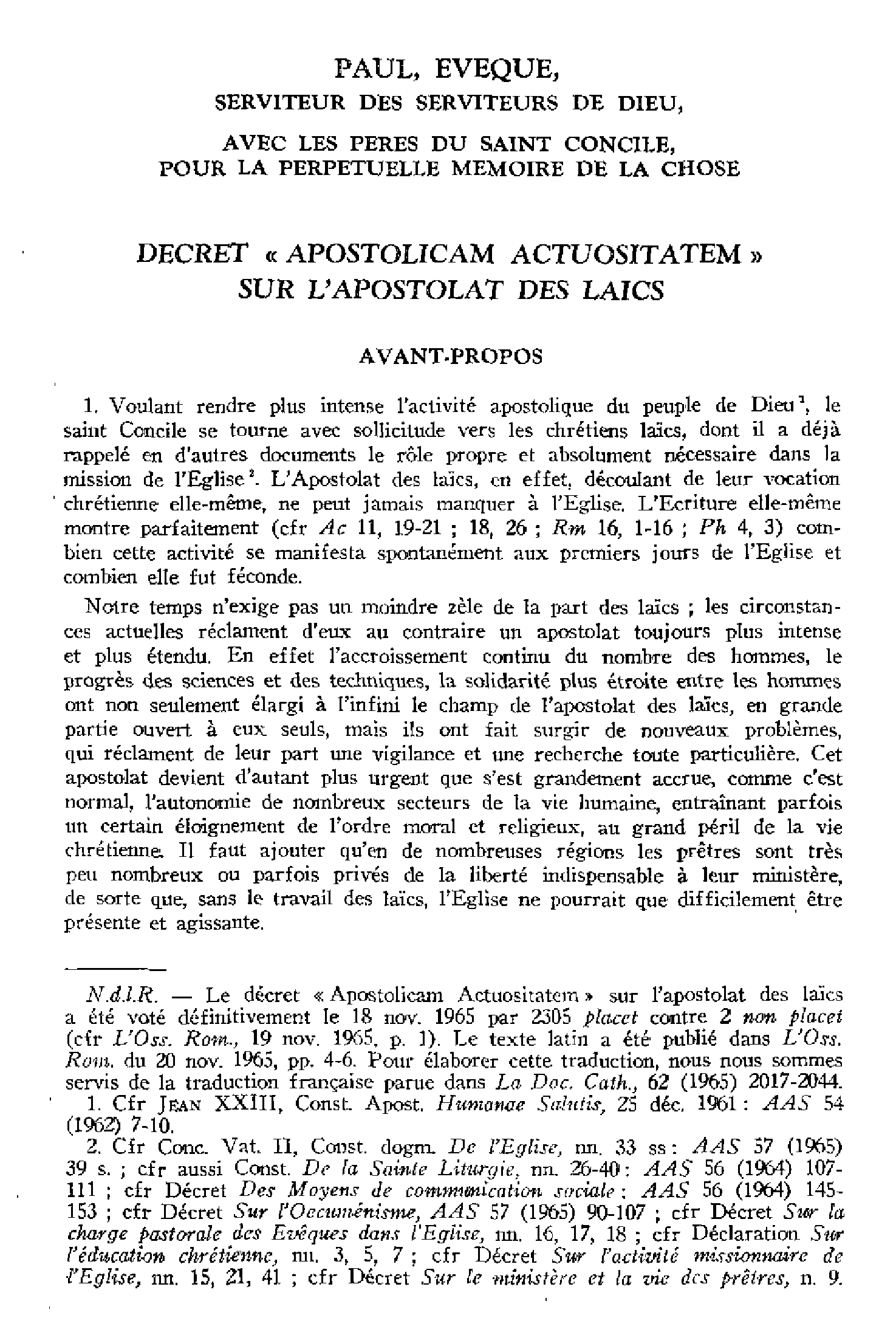 Décret Apostolicam actuositatem sur l'apostolat de laïcs. Traduction française