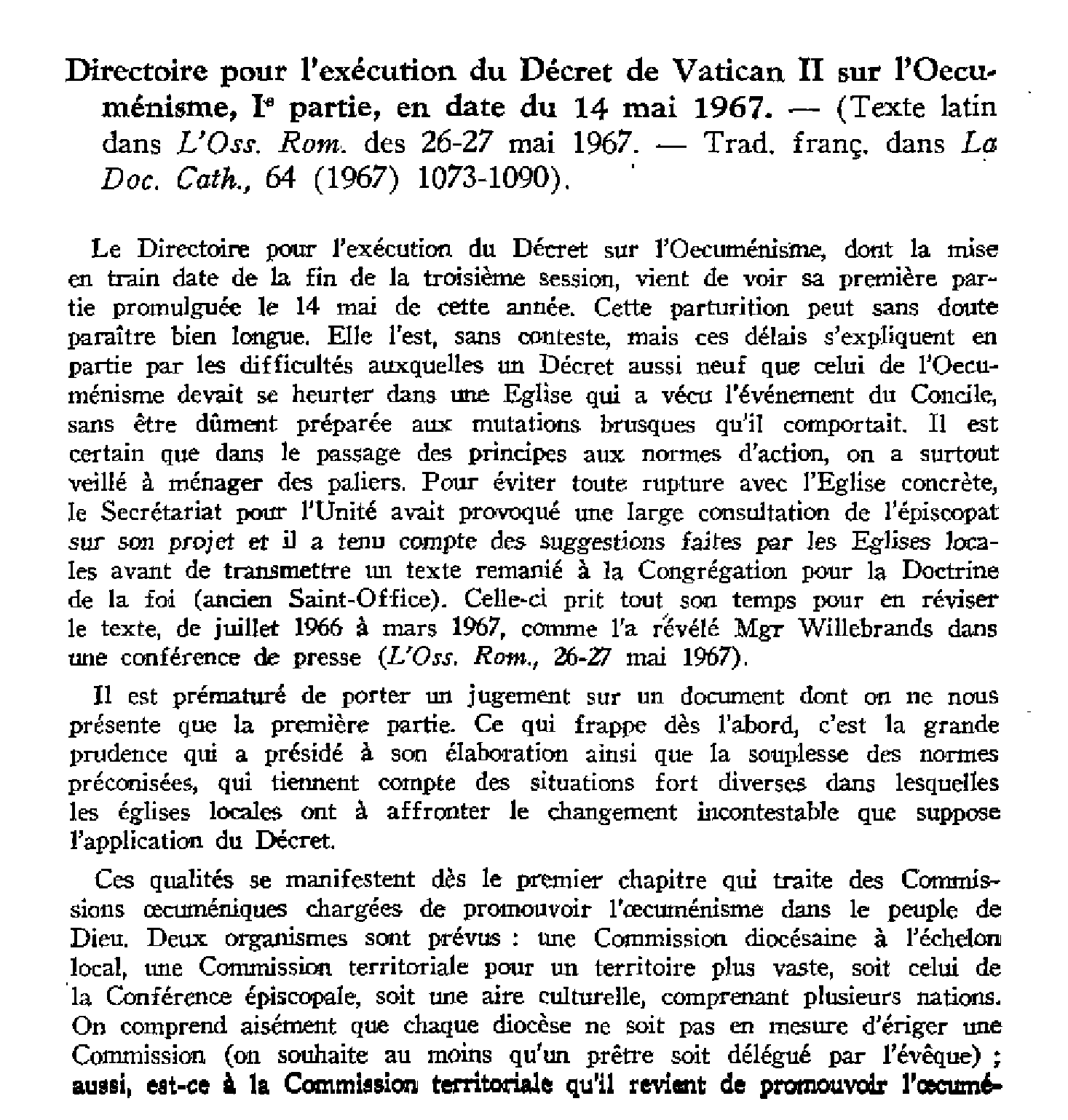 Directoire pour l'exécution du Décret de Vatican II sur l'Oecuménisme, 1ère partie (14 mai 1967)