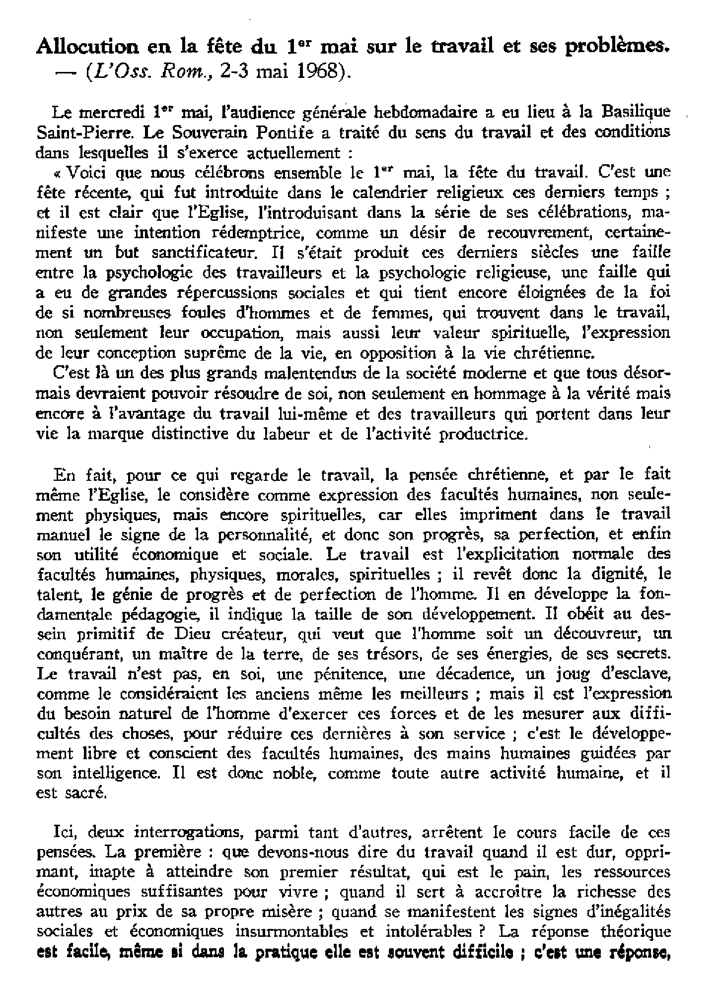 Allocution en la fête du 1er mai sur le travail et ses problèmes