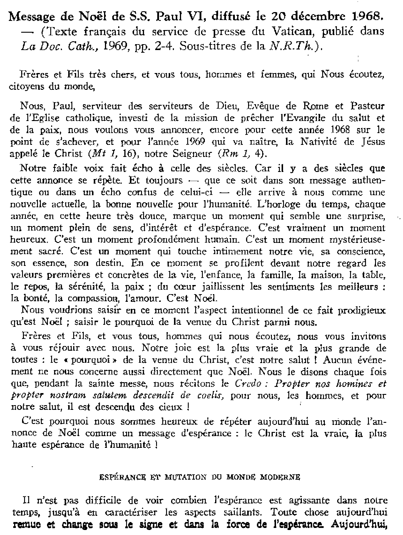 Message de Noël de SS Paul VI sur l'espérance