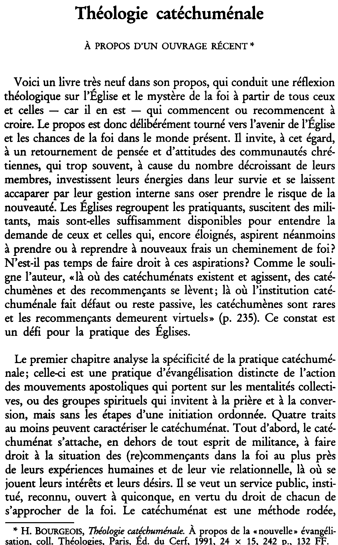 Théologie catéchuménale. À propos d'un ouvrage récent