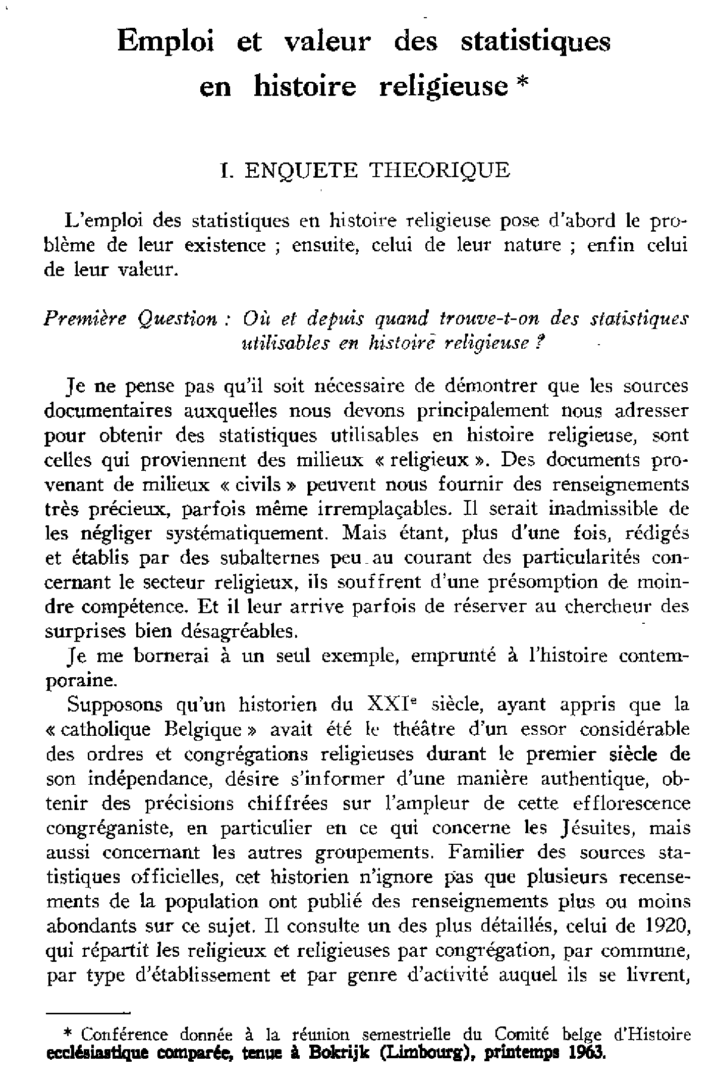 Emploi et valeur des statistiques en histoire religieuse
