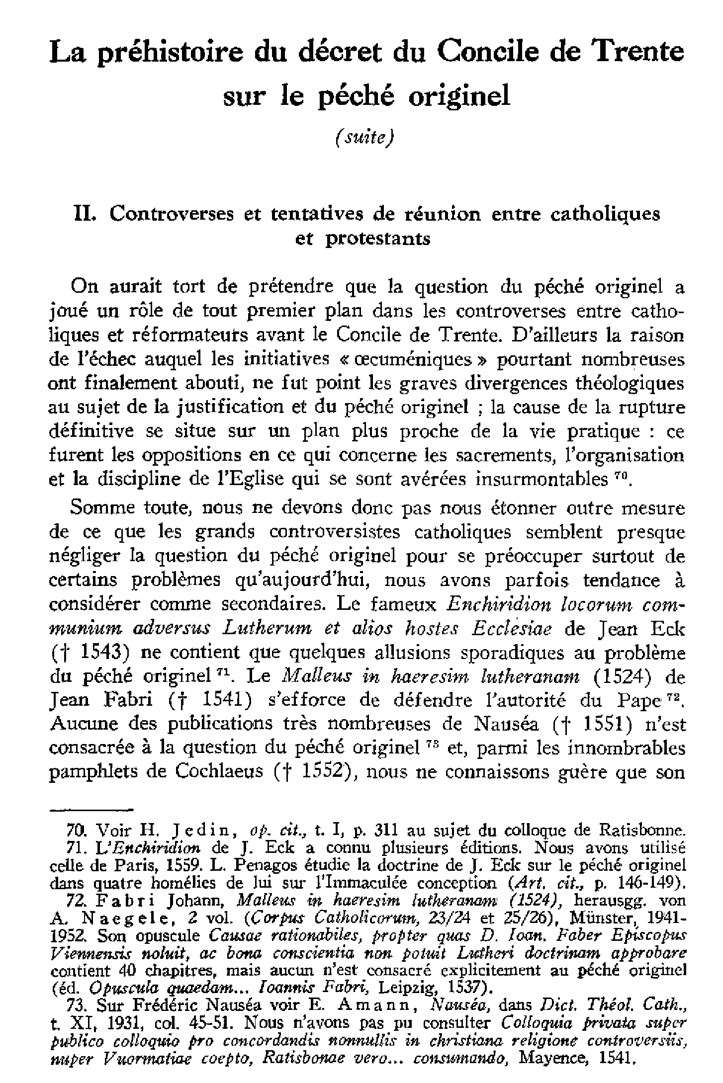 La préhistoire du décret du Concile de Trente sur le péché originel (suite)