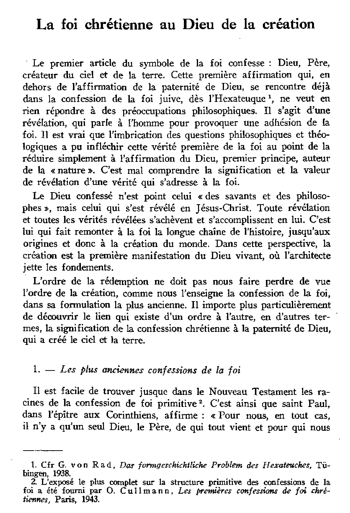 La foi chrétienne au Don de la création