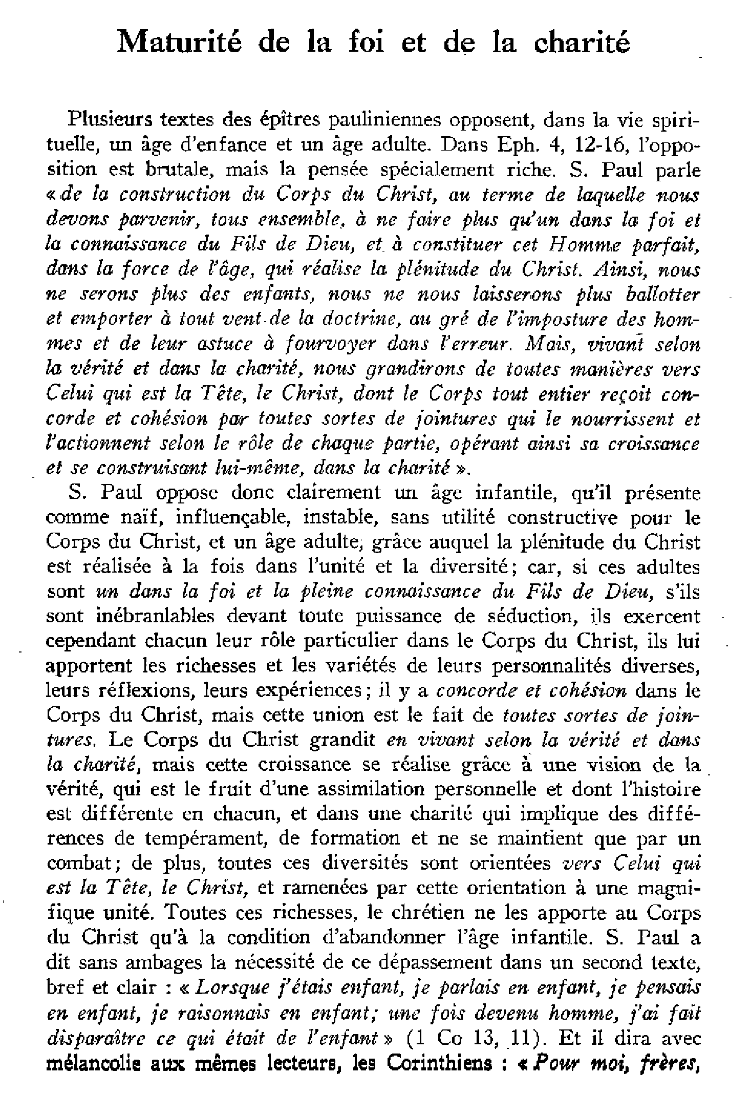 Maturité de la foi et charité