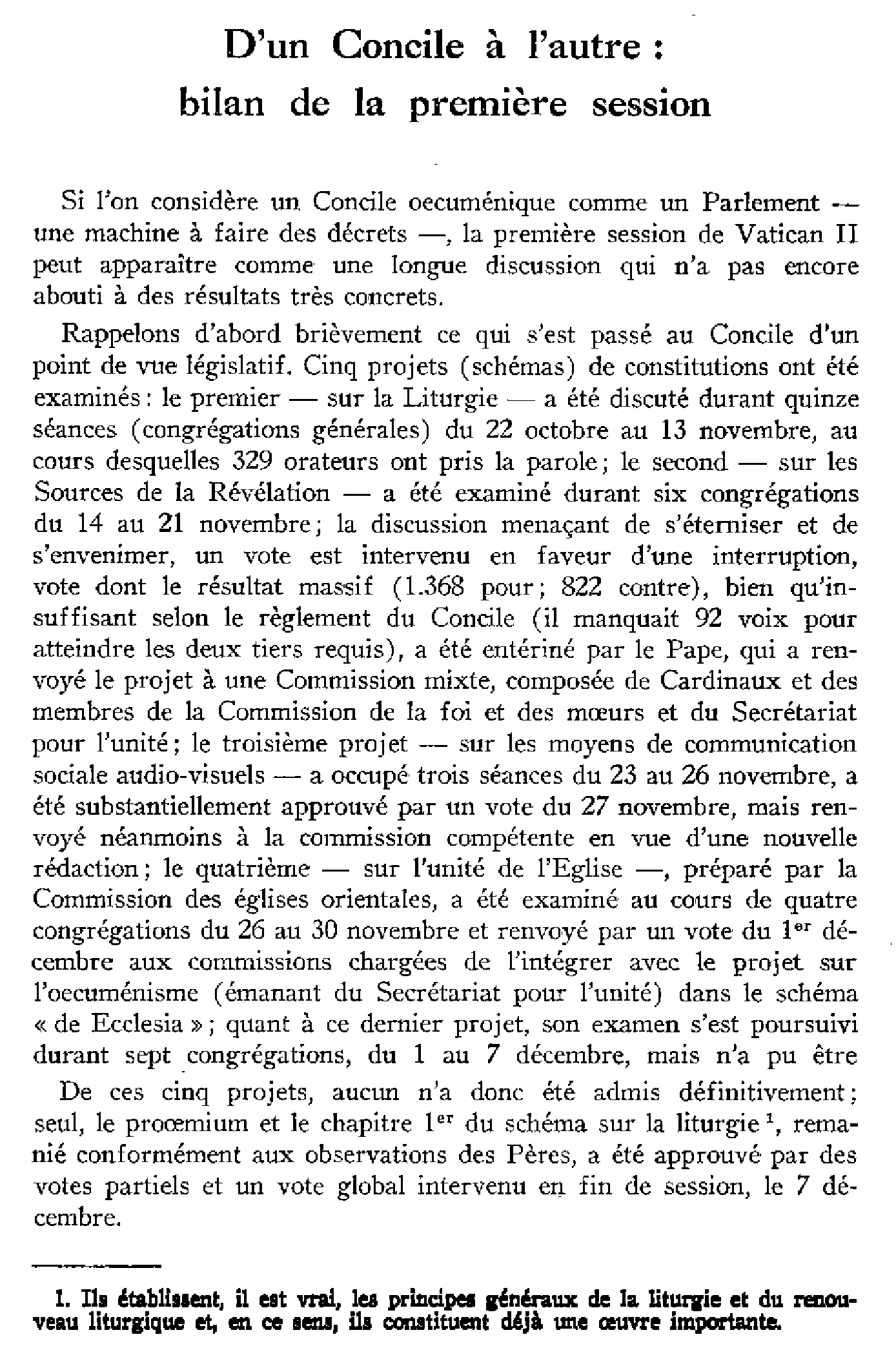 D'un Concile à l'autre: bilan de la première session
