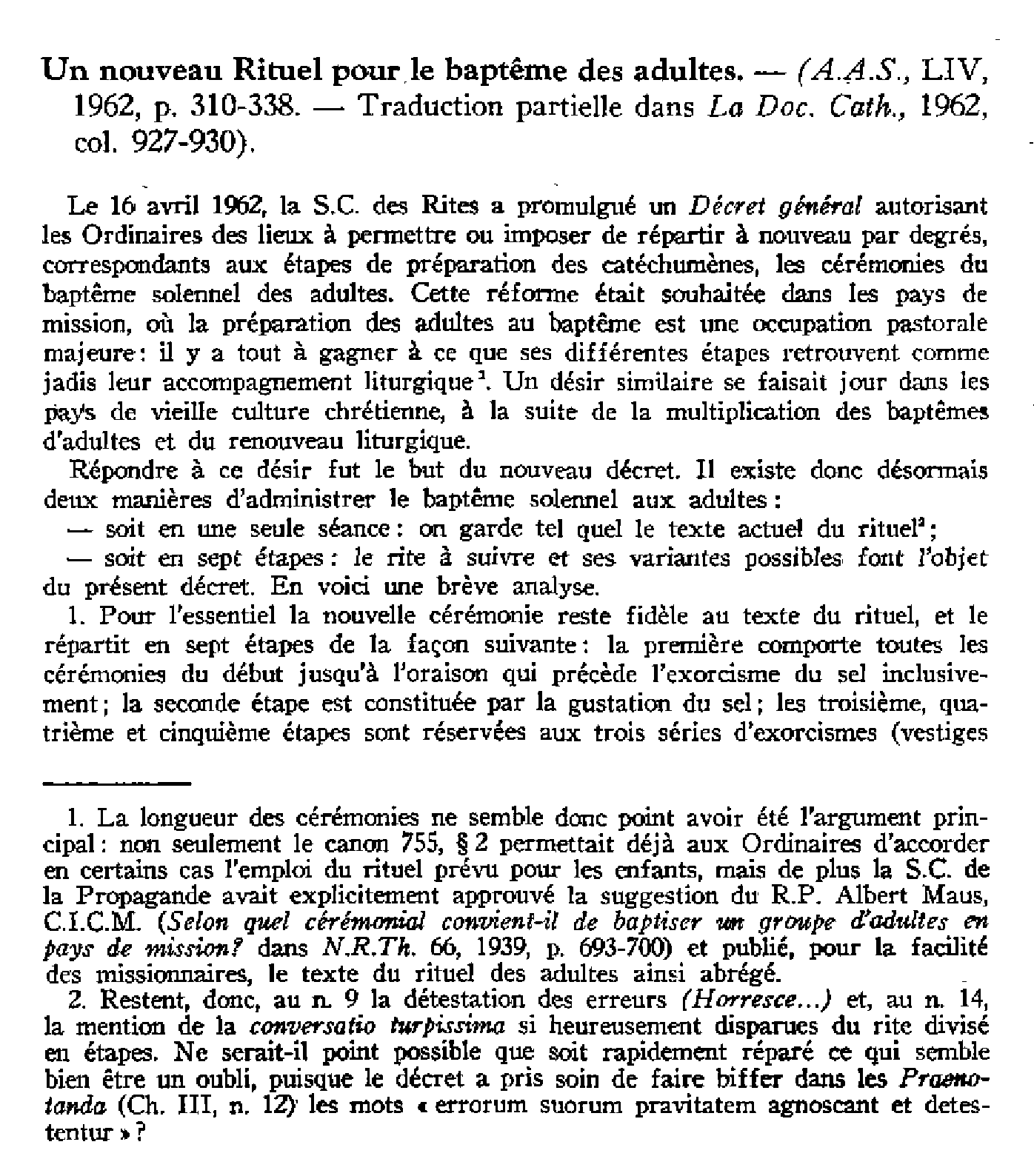 Un nouveau Rituel pour le baptême des adultes
