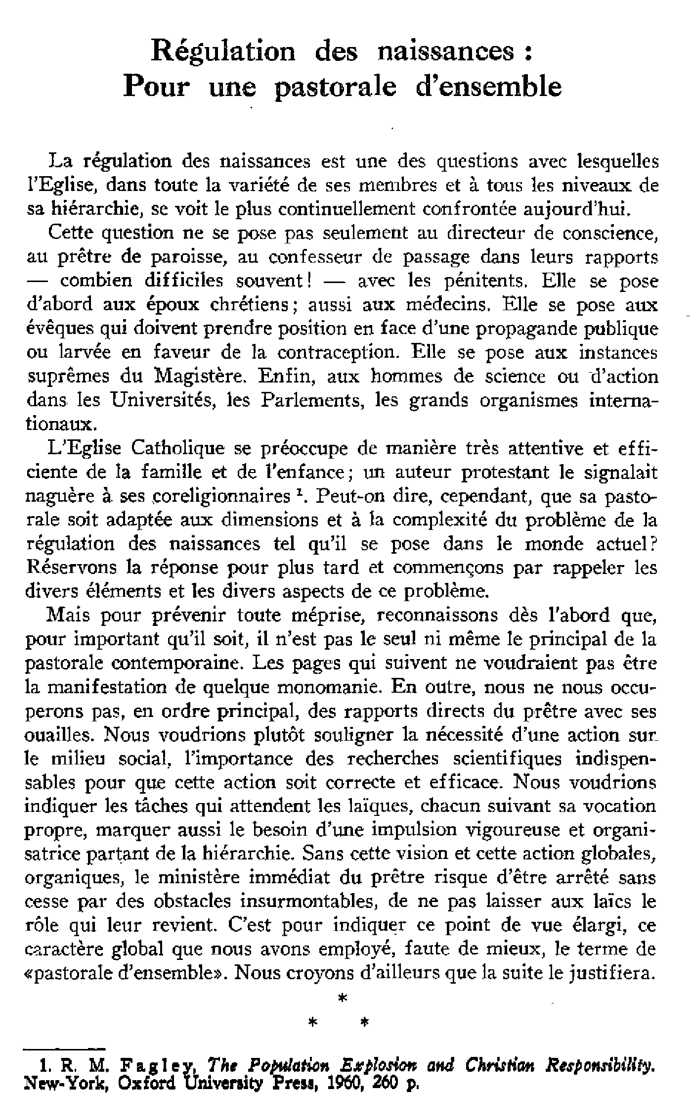 Régulation des naissances: pour une pastorale d'ensemble