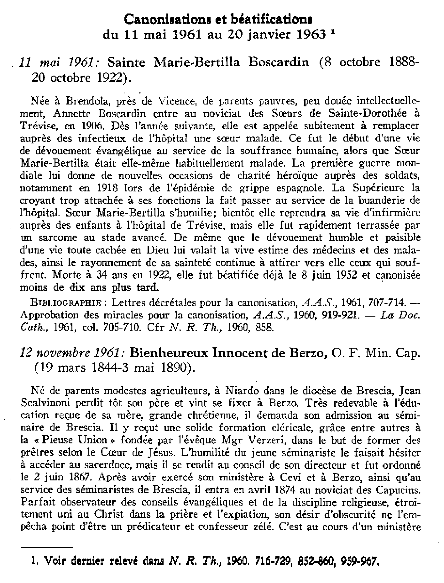 Canonisations et béatifications du 11 mai 1961 au 20 janvier 1963